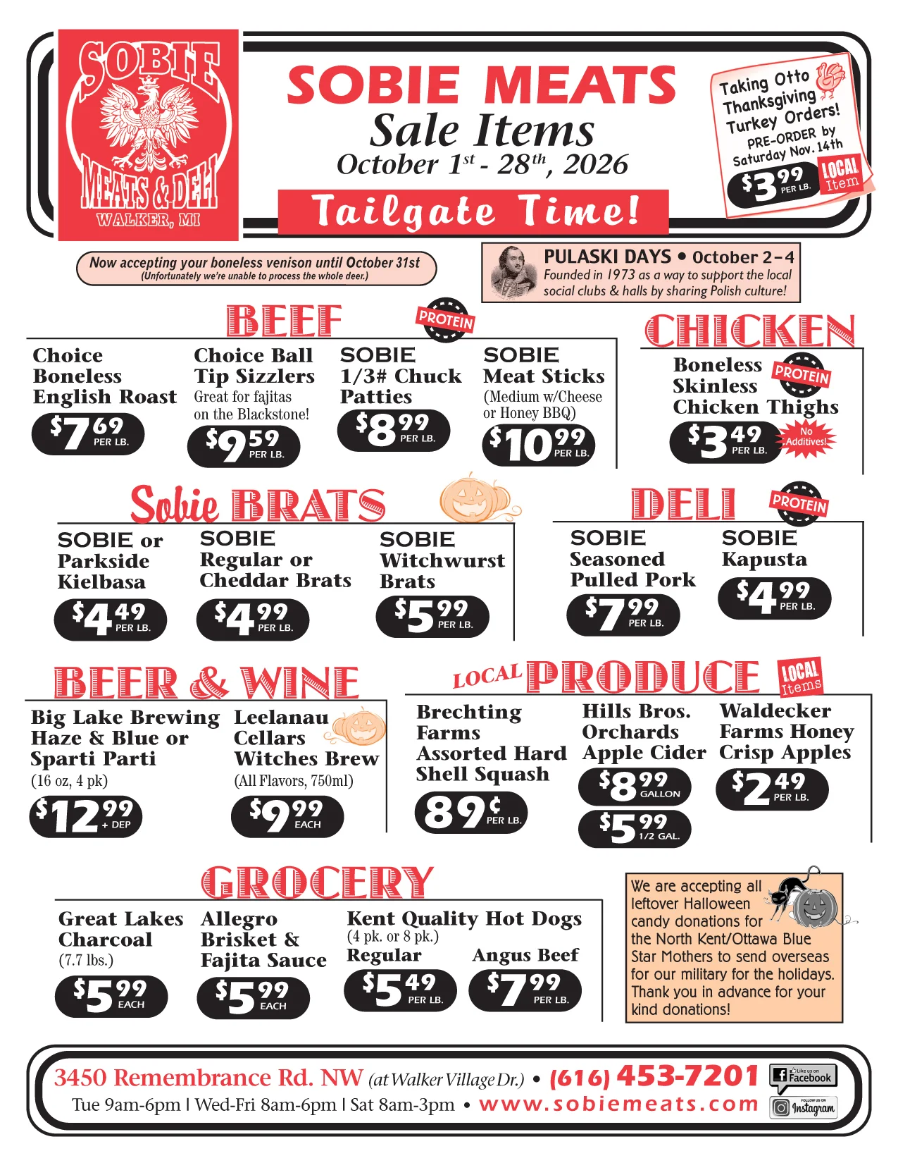 Weekly sale flyer for meats and produce at Sobie Meats & Deli
