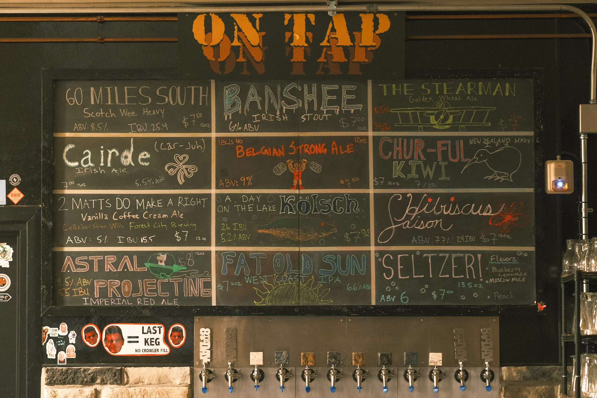Craft beer menu featuring diverse styles on a chalkboard