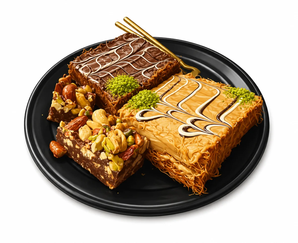 Assorted Middle Eastern sweets on a black plate