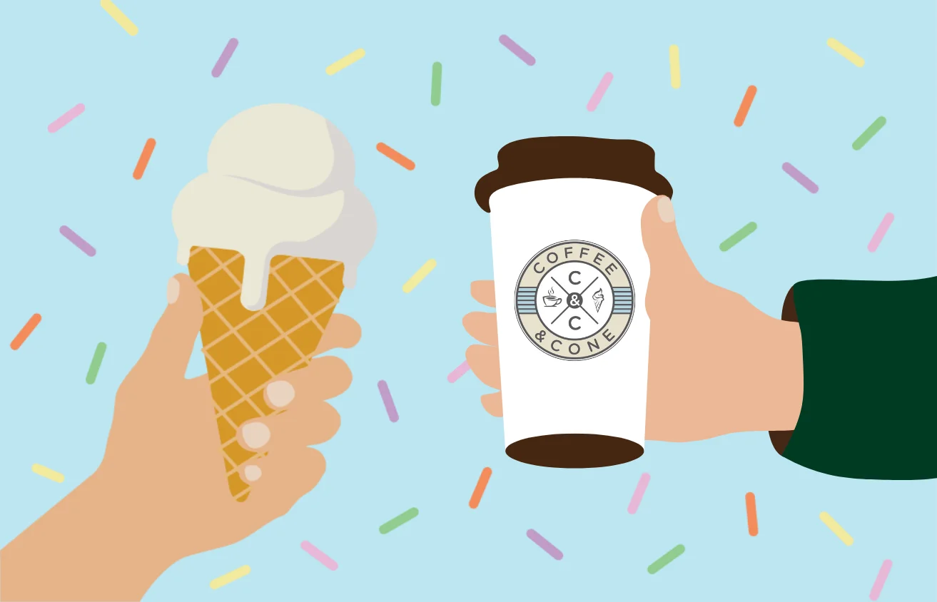 Ice cream cone and coffee cup in a playful setting