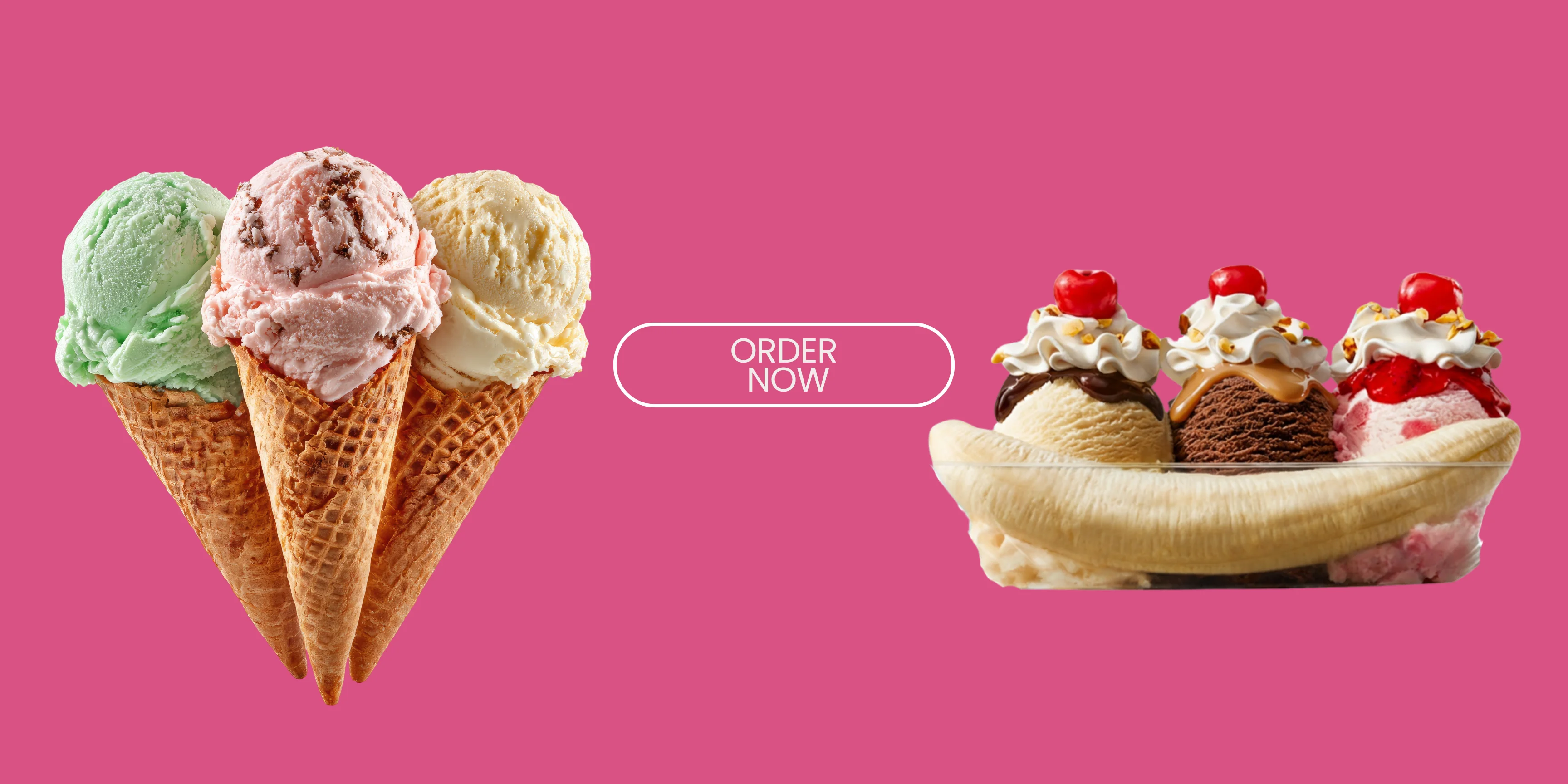 Colorful ice cream cones and banana split dessert on a pink background