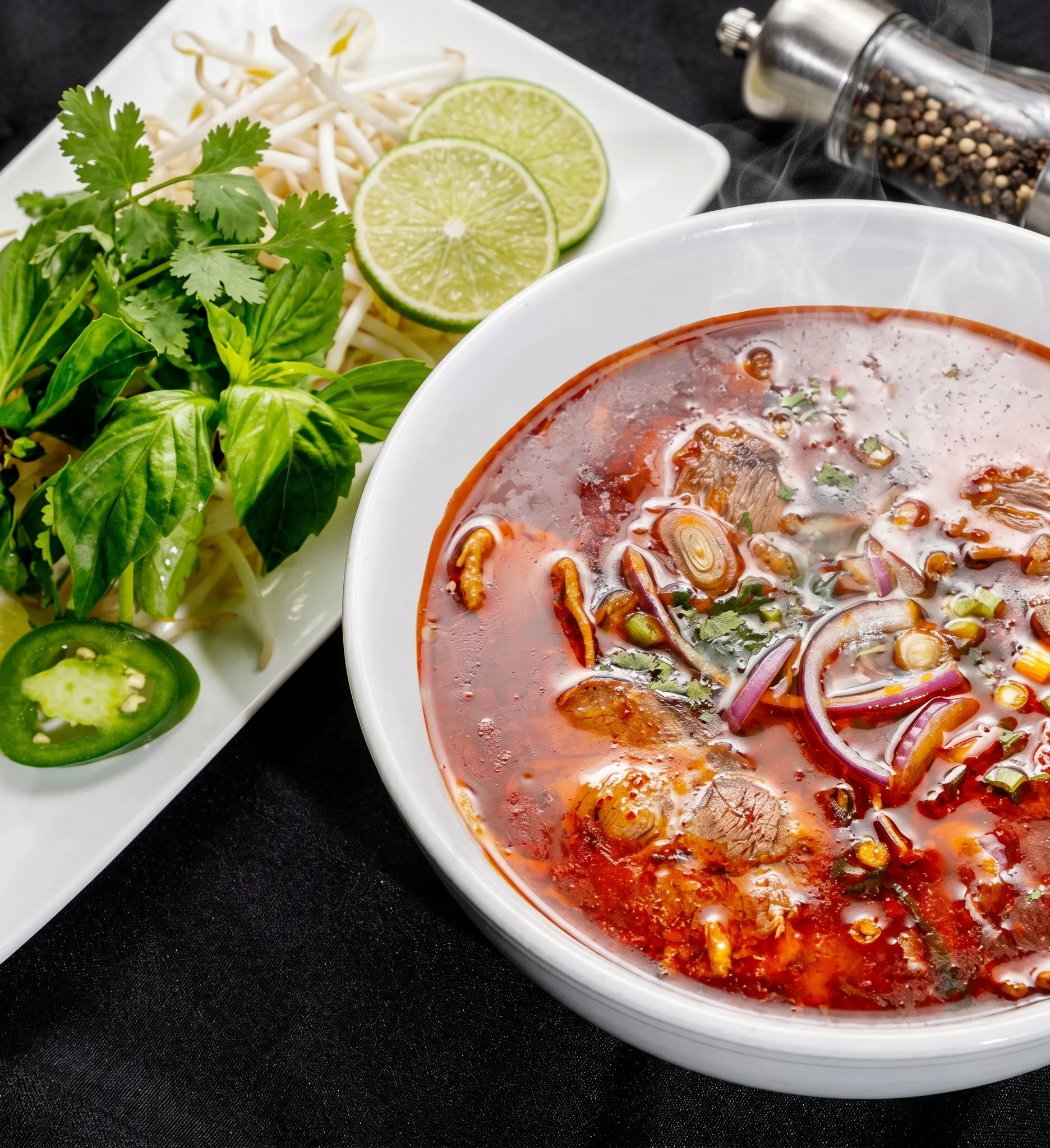 A steaming bowl of spicy soup with fresh herbs and lime on the side.