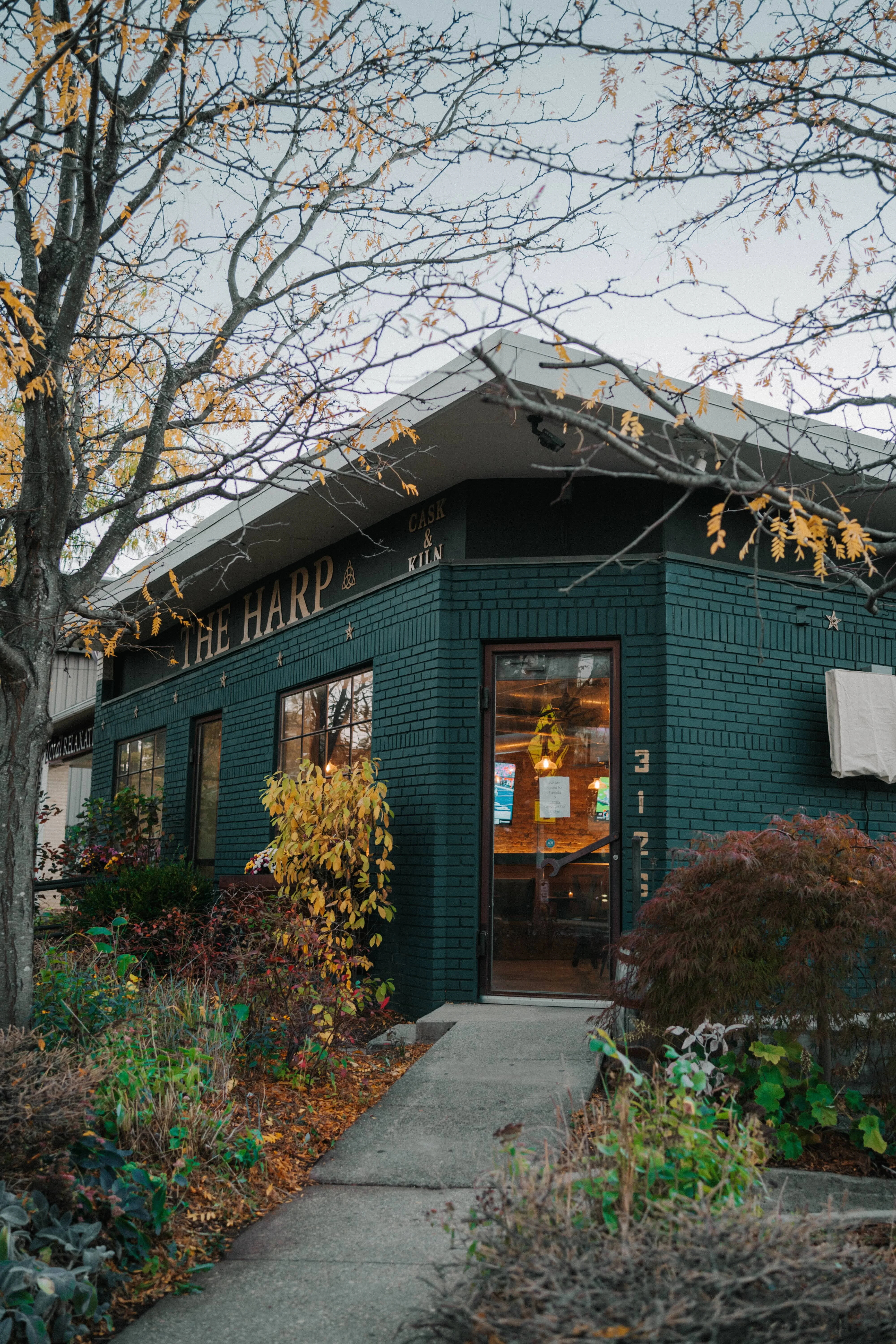Charming restaurant exterior with autumn foliage