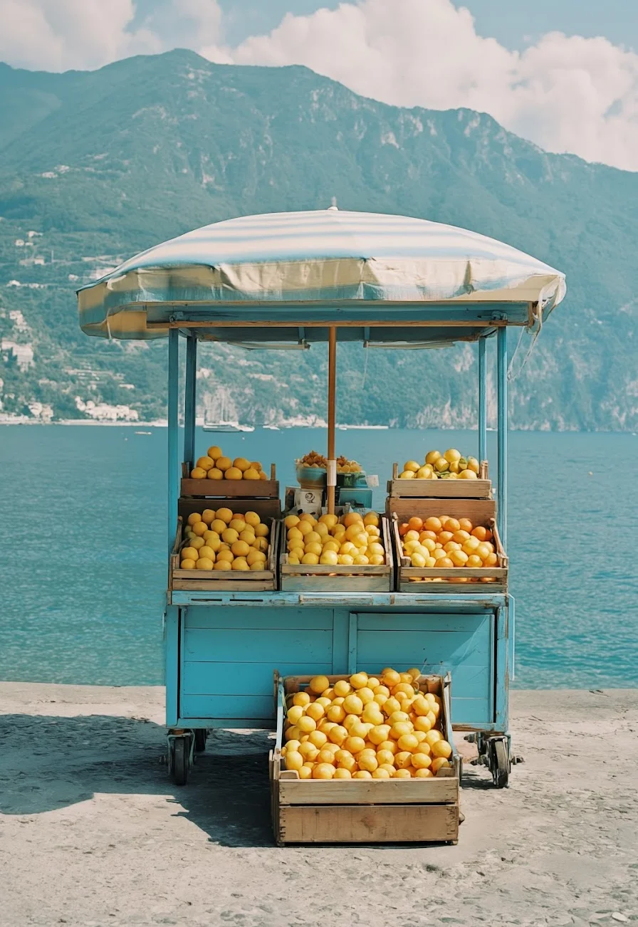 Colorful lemon cart by the seaside