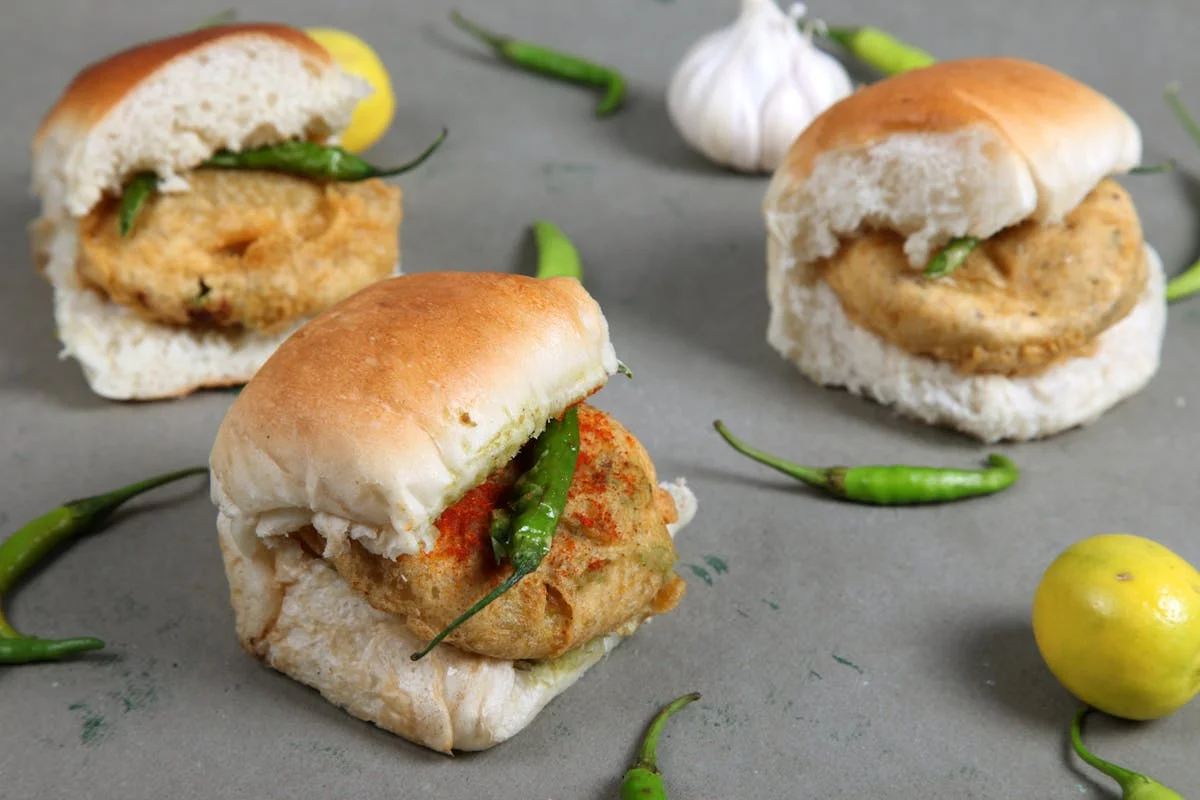 Indian vada pav served with green chilies