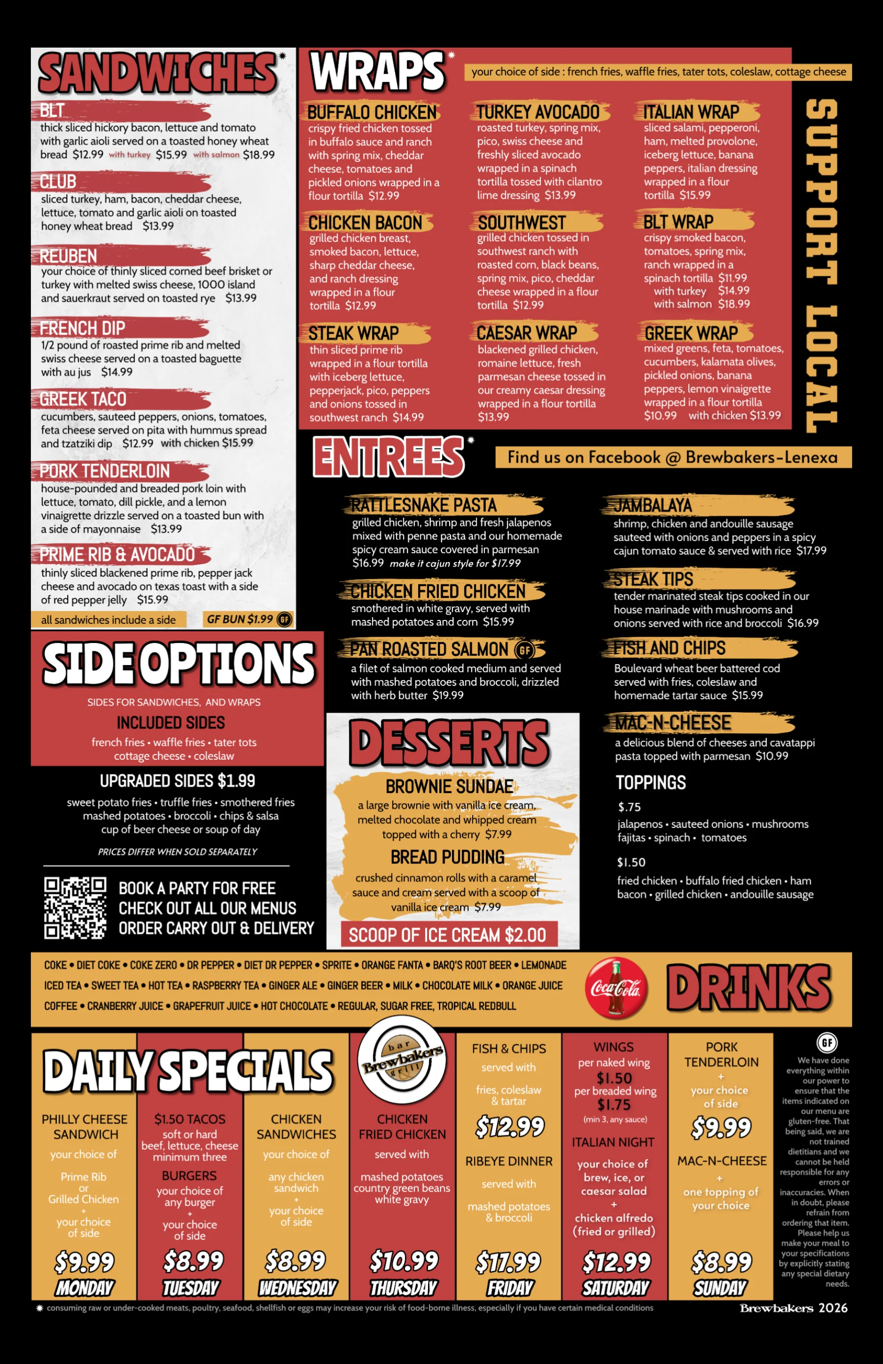 Diverse menu of American comfort food at a casual restaurant