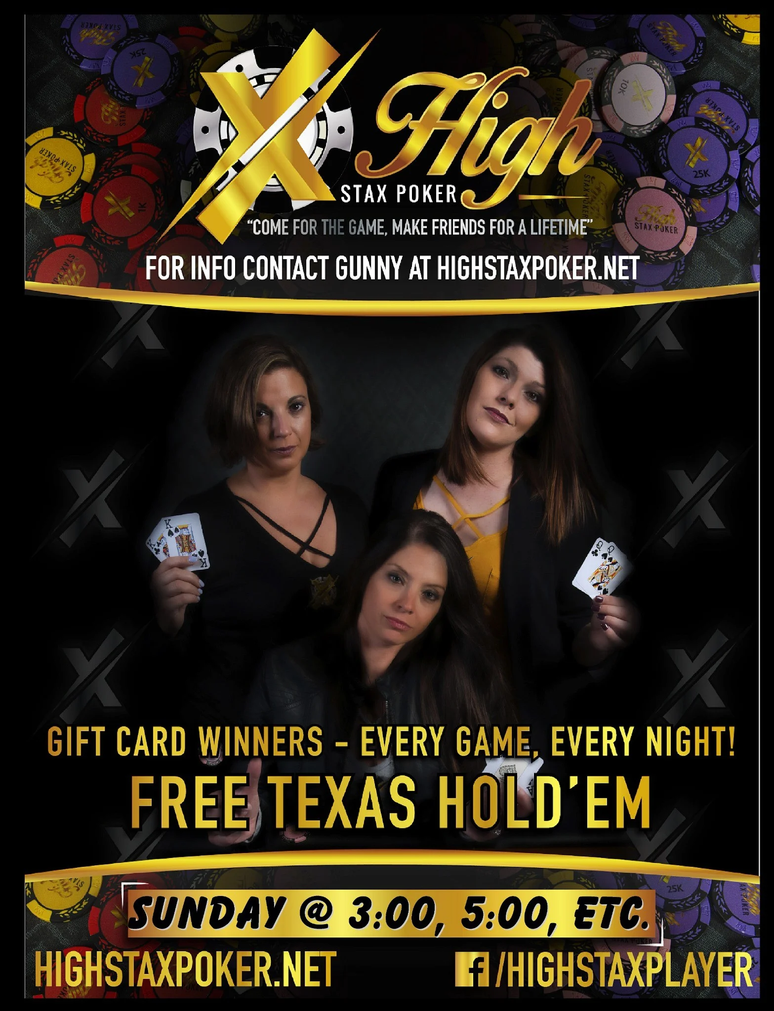 Promotional poster for High Stax Poker featuring players and game details.