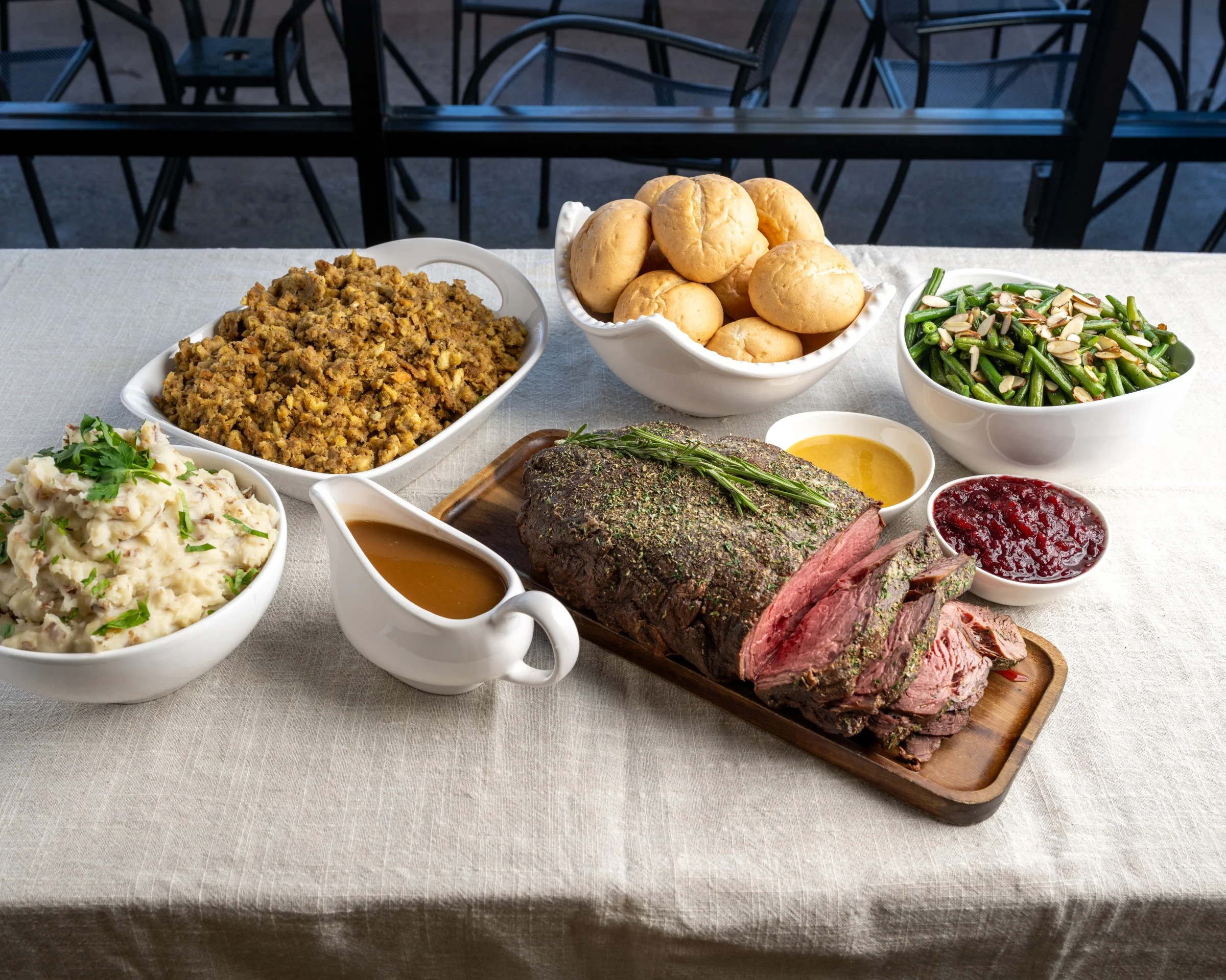 Classic American roast beef dinner with sides