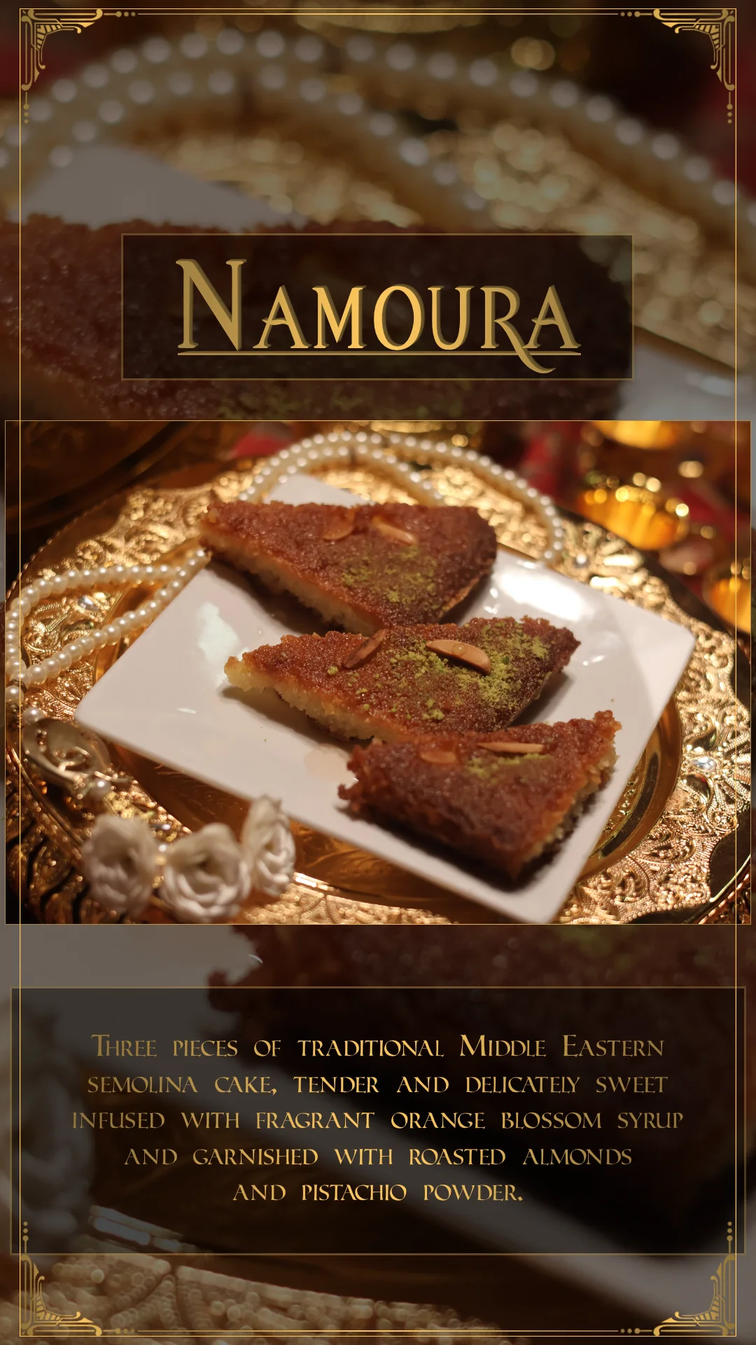 Three pieces of Namoura, a traditional Middle Eastern semolina cake, served on a decorative plate and garnished with almonds and pistachio powder.