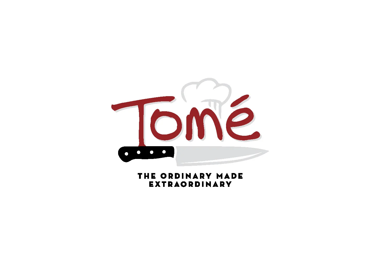 Logo of Tomé restaurant featuring a chef's knife and slogan