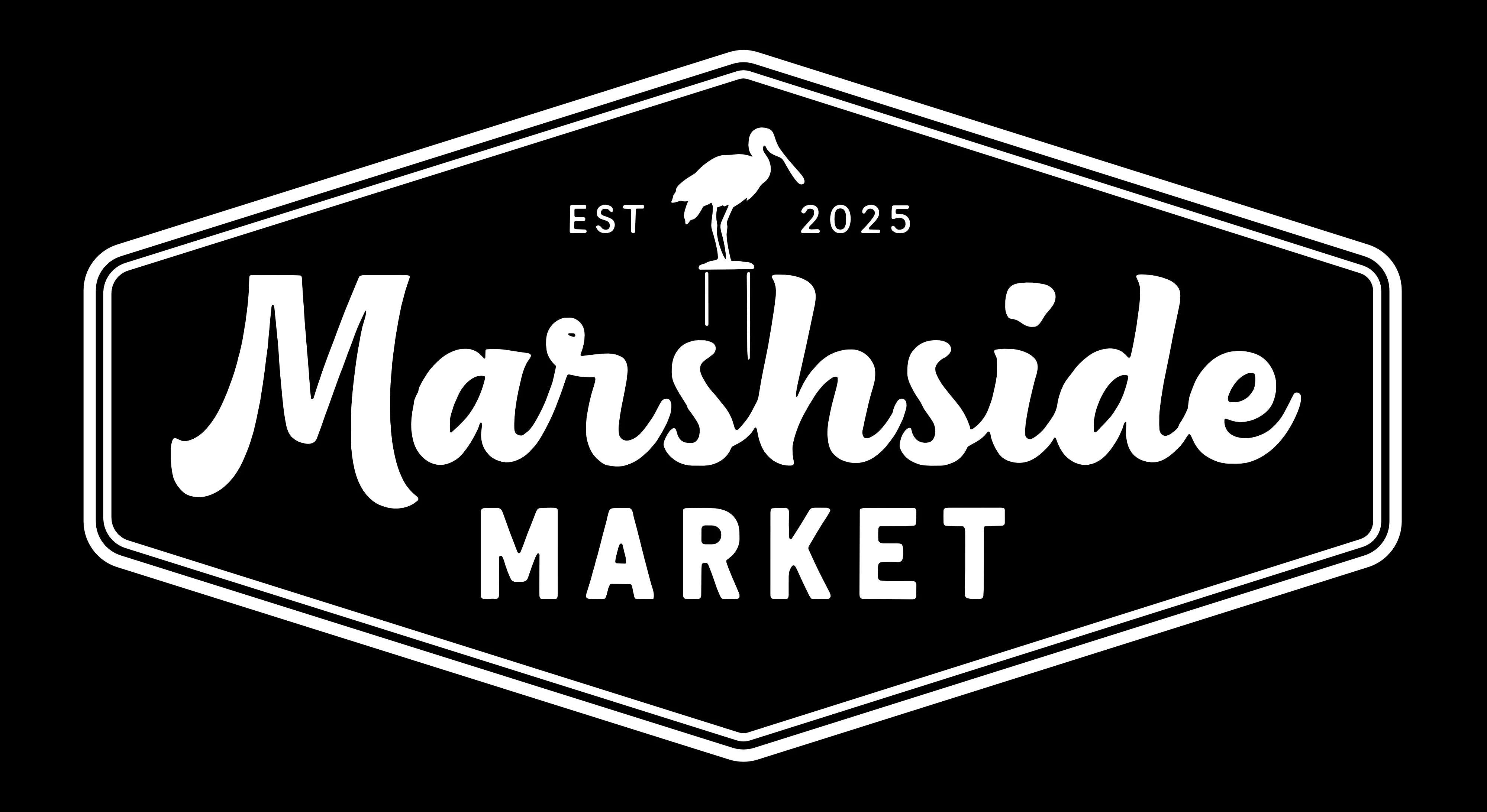 A logo design for 'Marshside Market' featuring elegant text and a stylized bird silhouette, set against a black background.