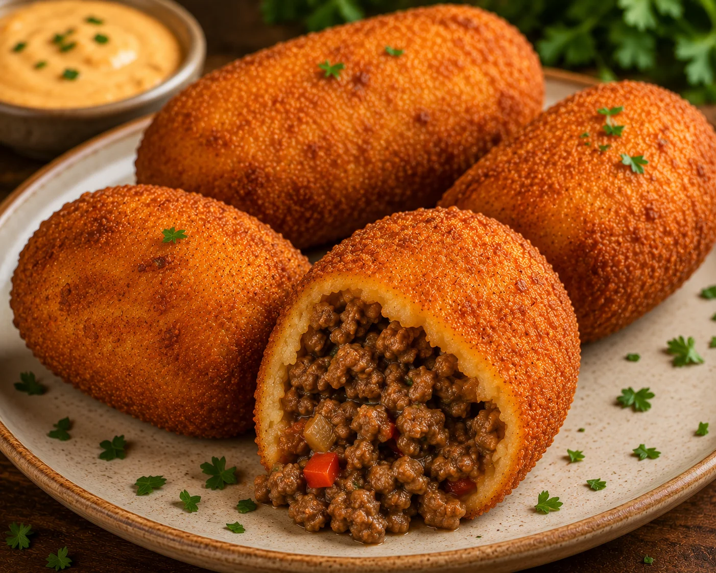 A set of crispy fried balls filled with seasoned ground meat, displayed on a plate with garnish.