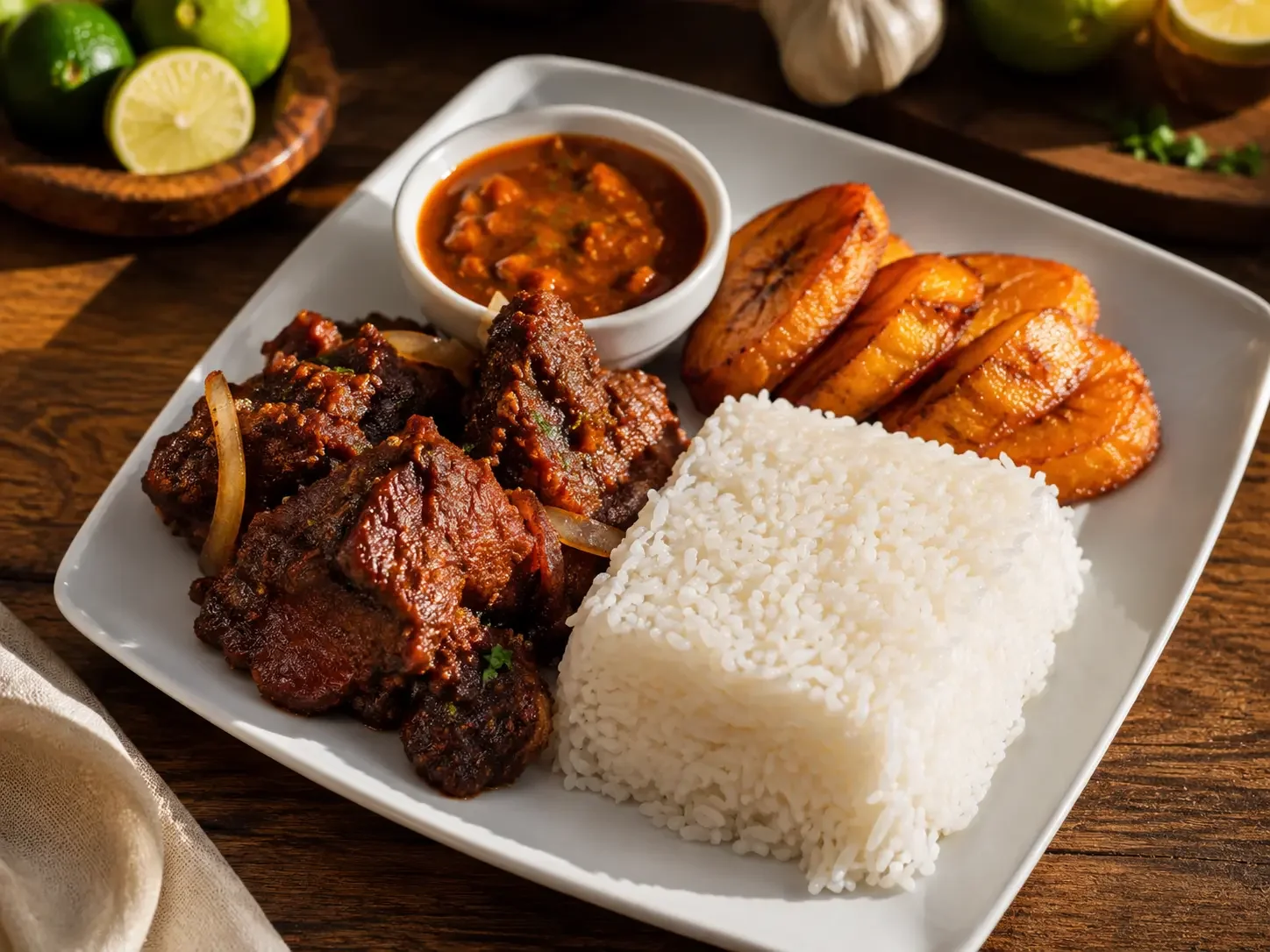 Nigerian jollof rice with beef and plantains