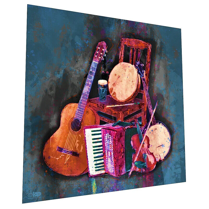 Colorful musical instruments on a chair with a pint of beer