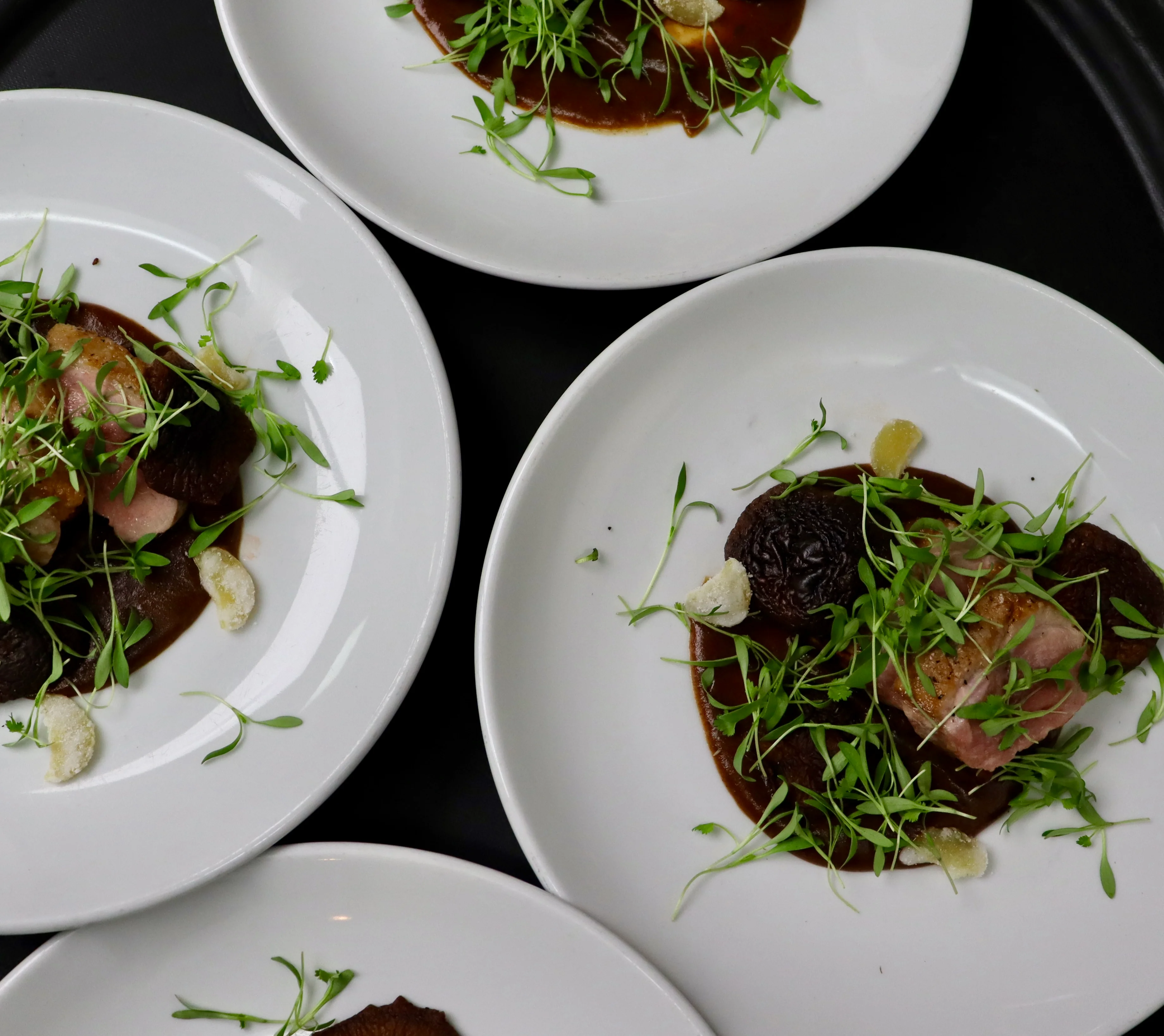 Elegant duck dish with sauce and microgreens