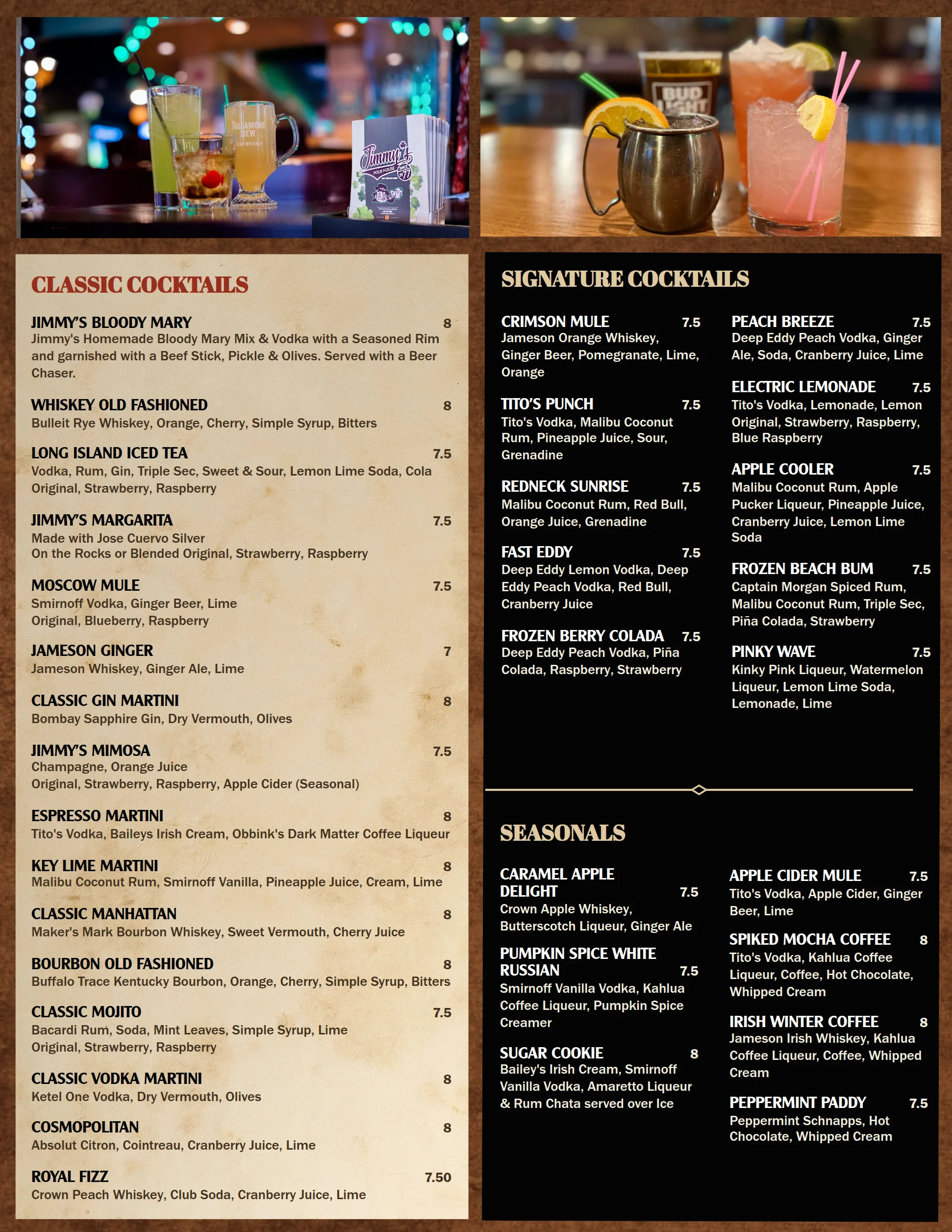 Cocktail menu featuring classic and signature drinks at a lively bar