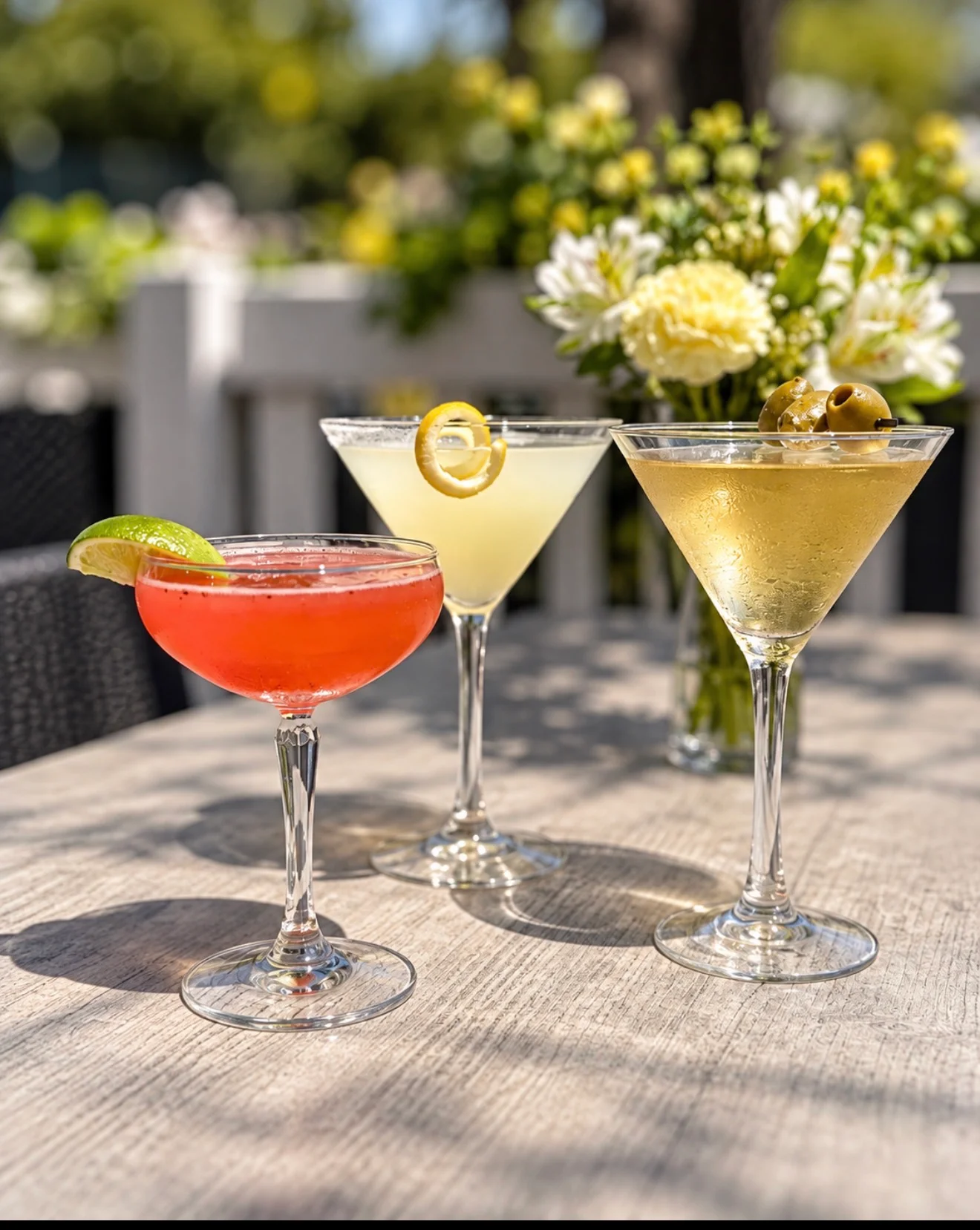 Three colorful cocktails on a sunny patio table