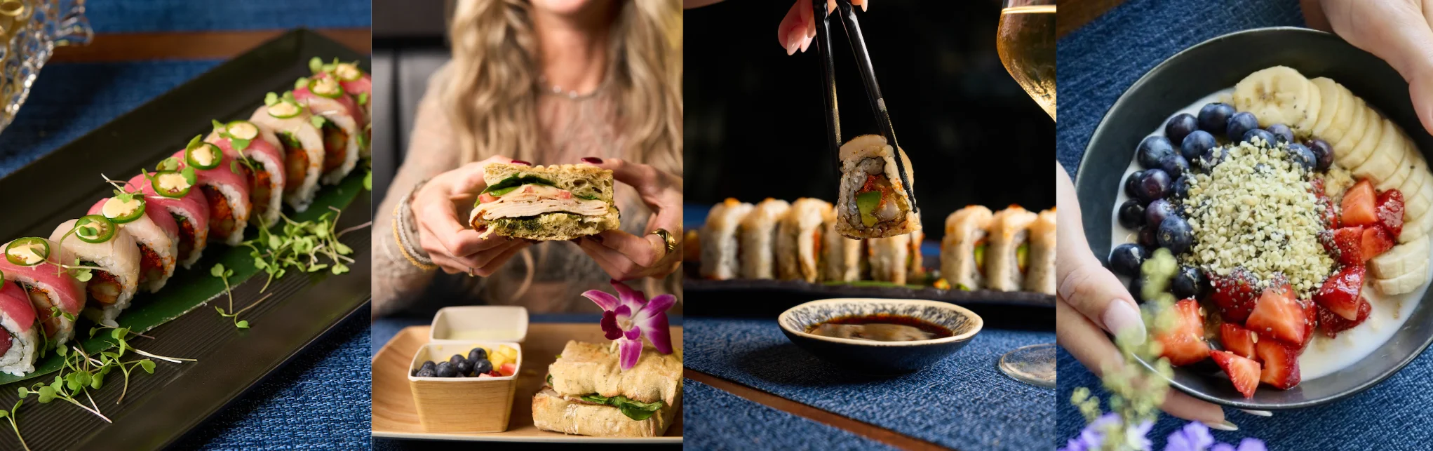 Assorted sushi rolls served on a black platter