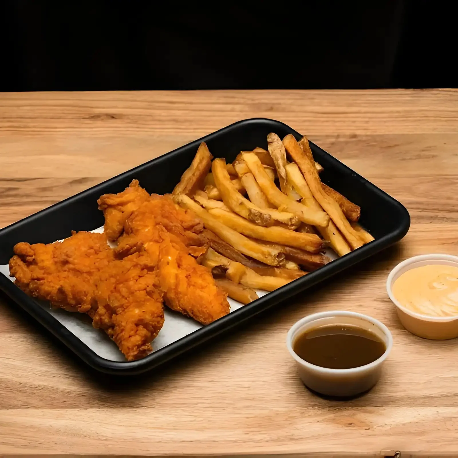 Southern fried chicken with French fries and dipping sauces