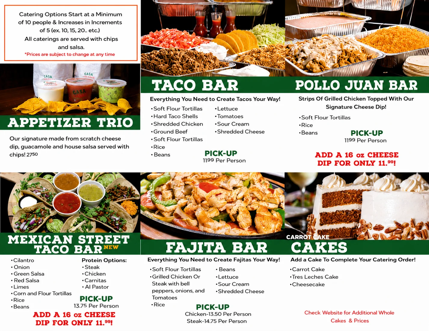 Catering menu featuring Mexican taco and fajita bars