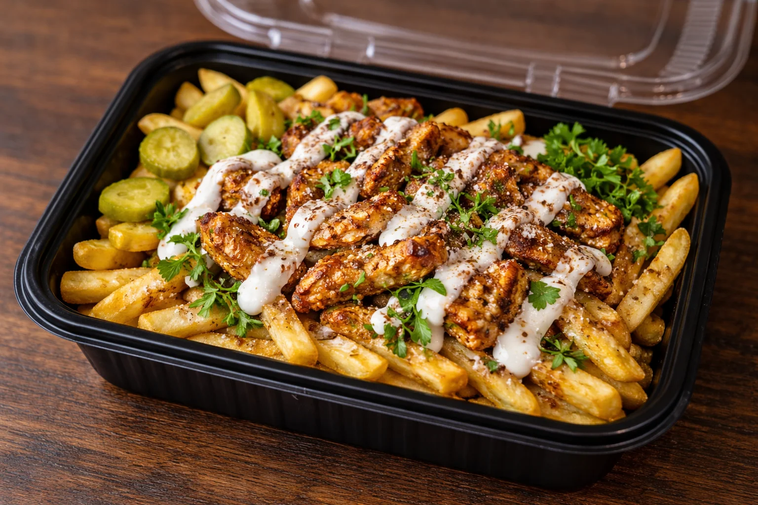 A container filled with crispy french fries topped with grilled chicken, drizzled with sauce, and accompanied by pickles and herbs.