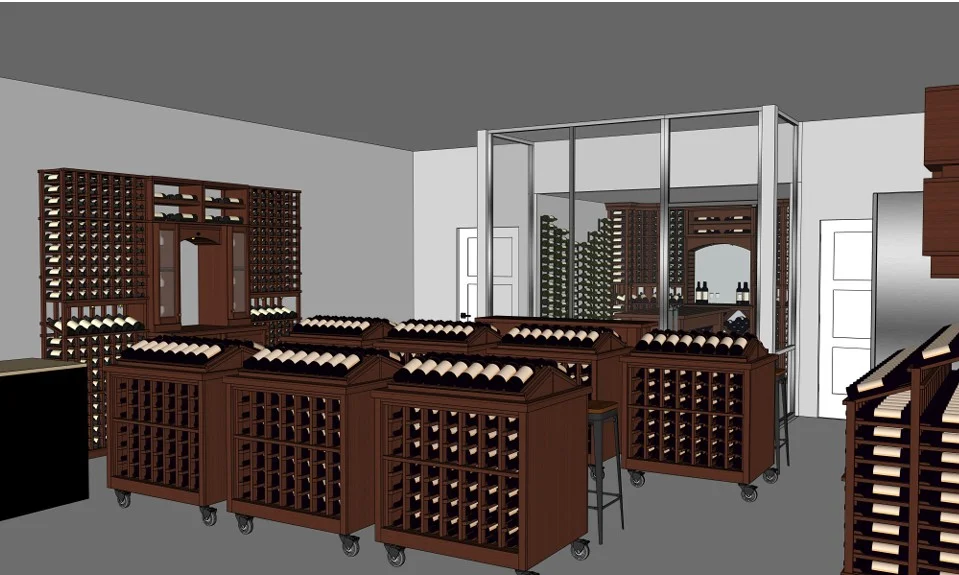 Elegant wine cellar interior with wooden racks and glass display