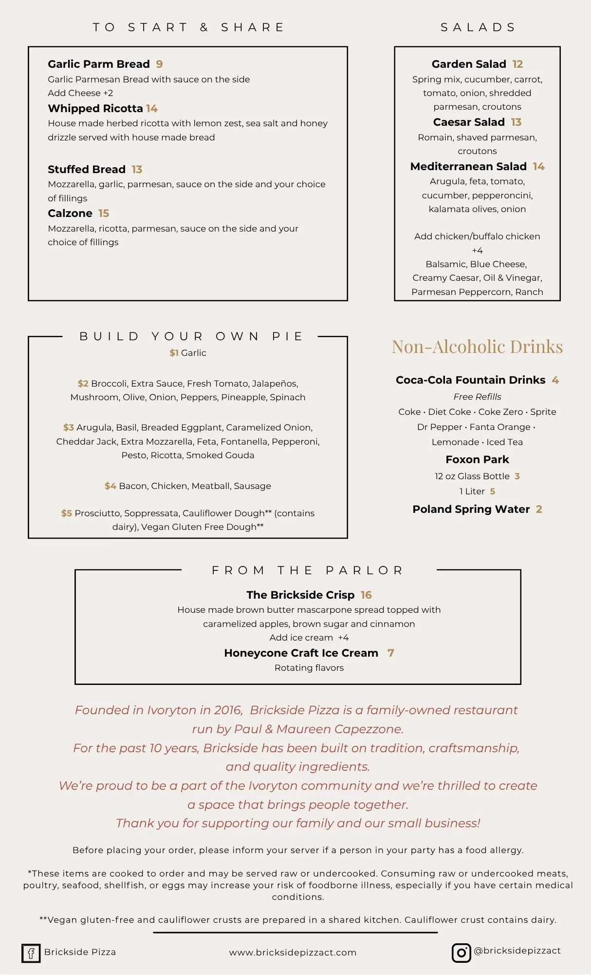 Menu of Brickside Pizza featuring diverse Italian dishes