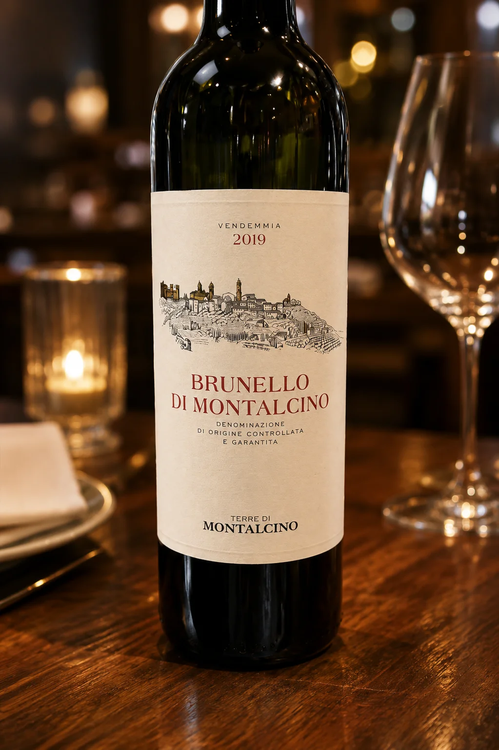 Bottle of Brunello di Montalcino wine on a wooden table