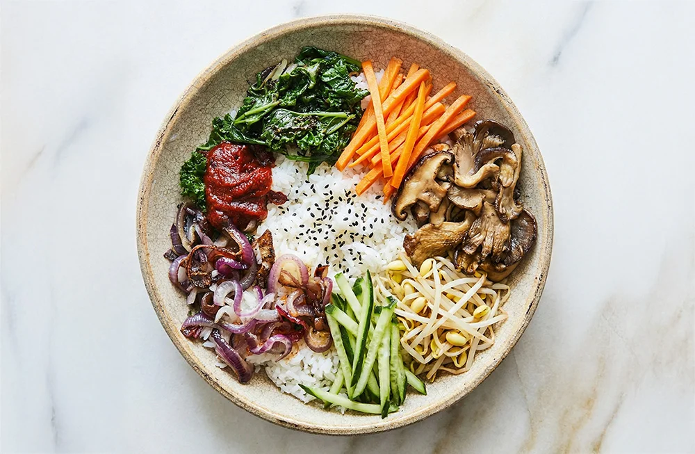 Colorful Korean bibimbap served in a bowl
