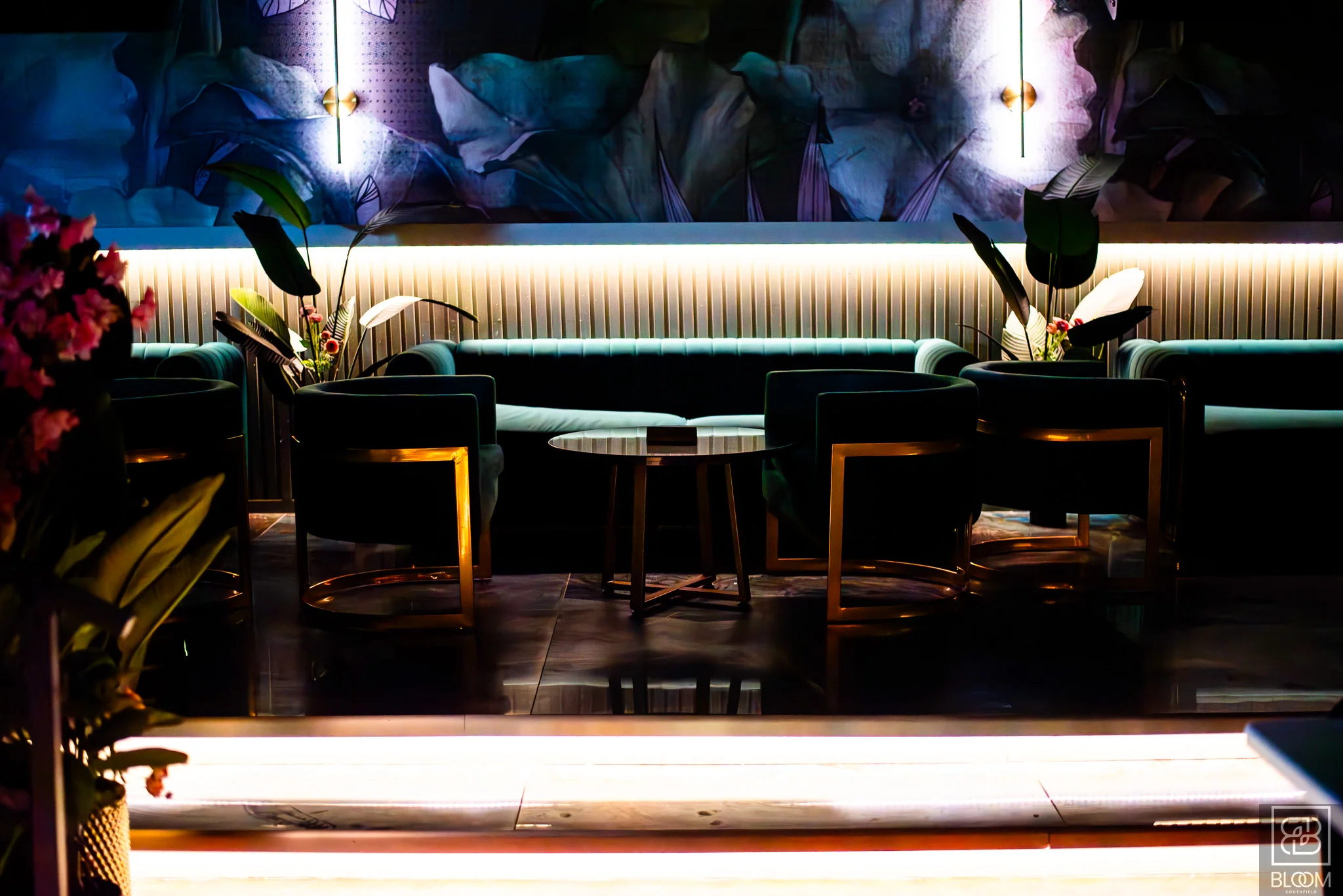 Stylish restaurant lounge with modern seating and ambient lighting