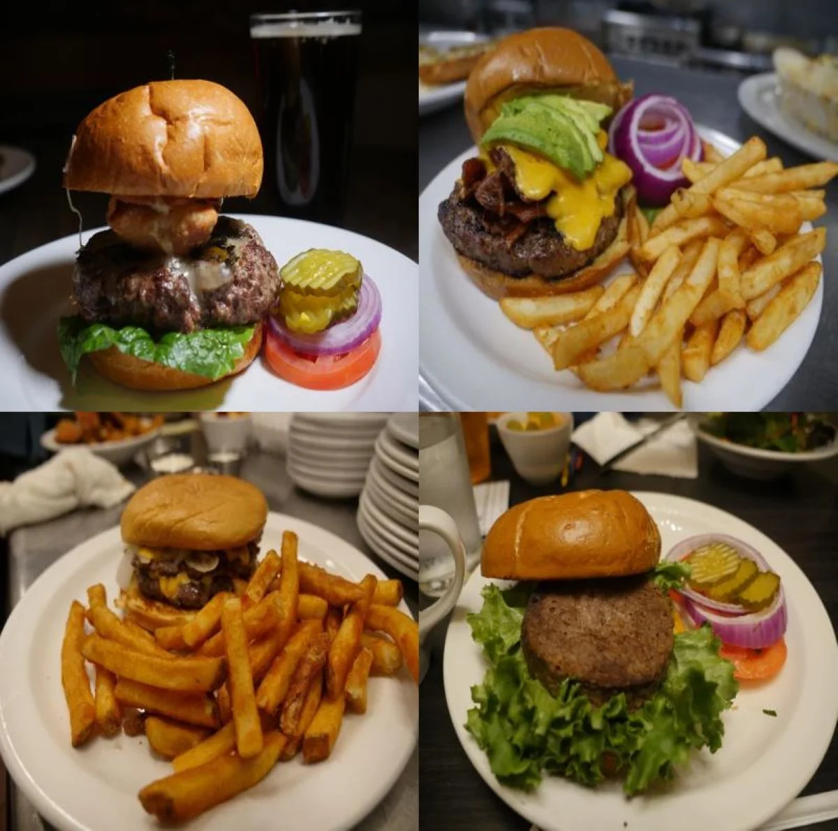 Gourmet burgers with fries in a casual dining setting