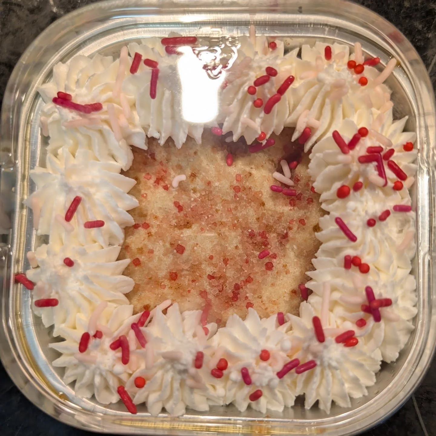 A decorated dessert with white whipped cream and colorful sprinkles around the edge, placed in a clear plastic container.