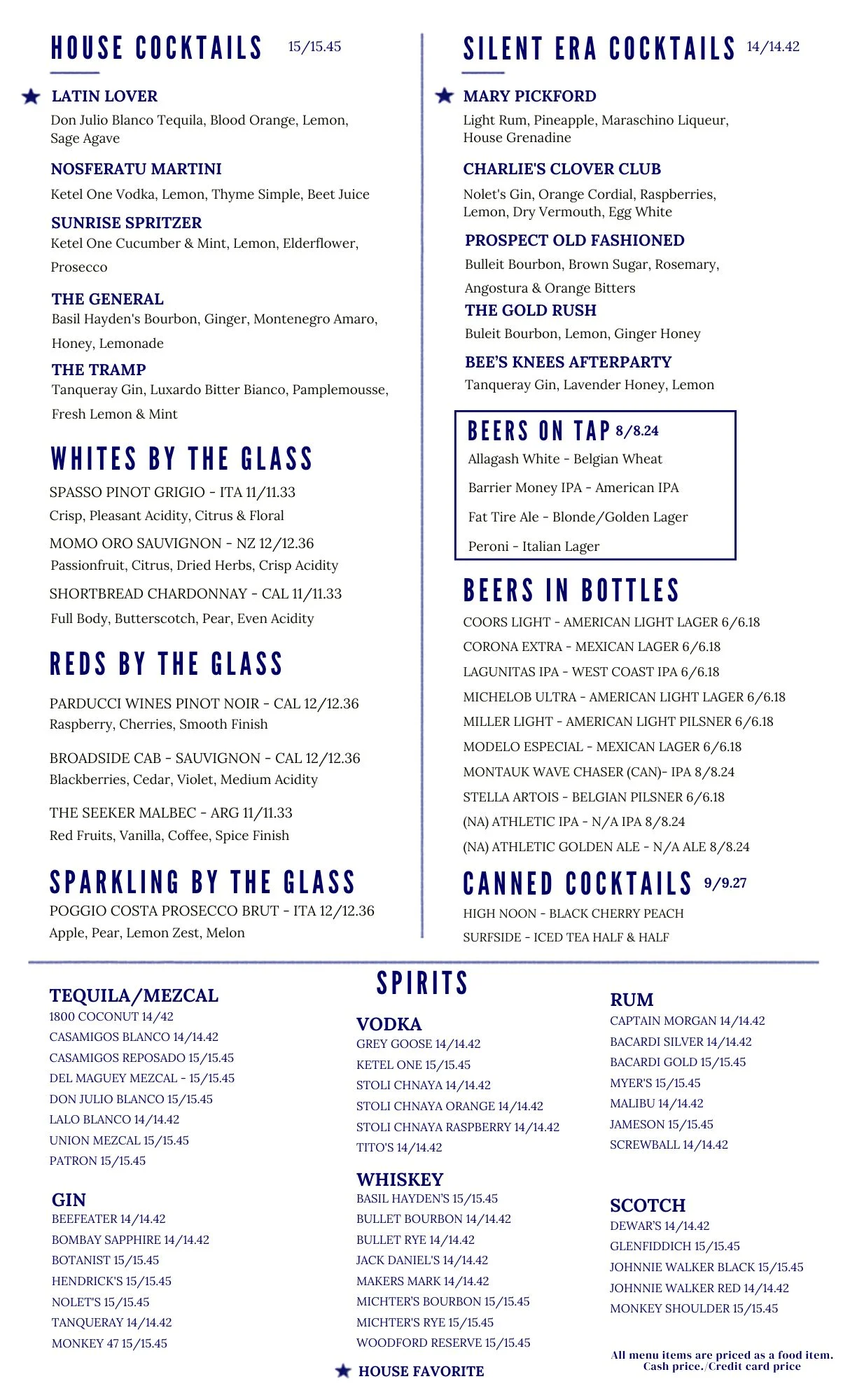 Cocktail menu featuring diverse drinks and spirits