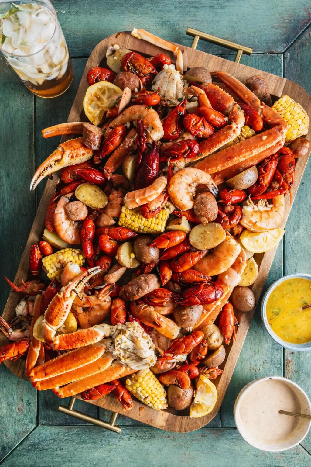 Seafood boil platter with crab, shrimp, and corn