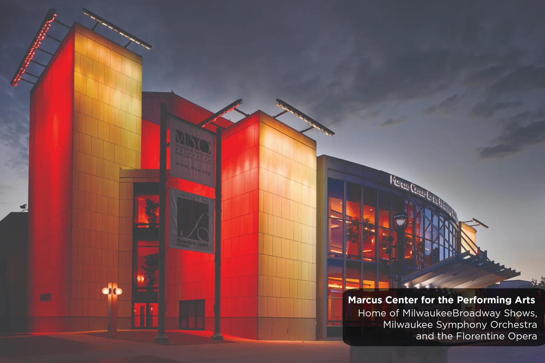 Exterior view of the Marcus Performing Arts Center at night