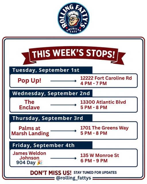 Rolling Fatty's food truck weekly schedule for June events