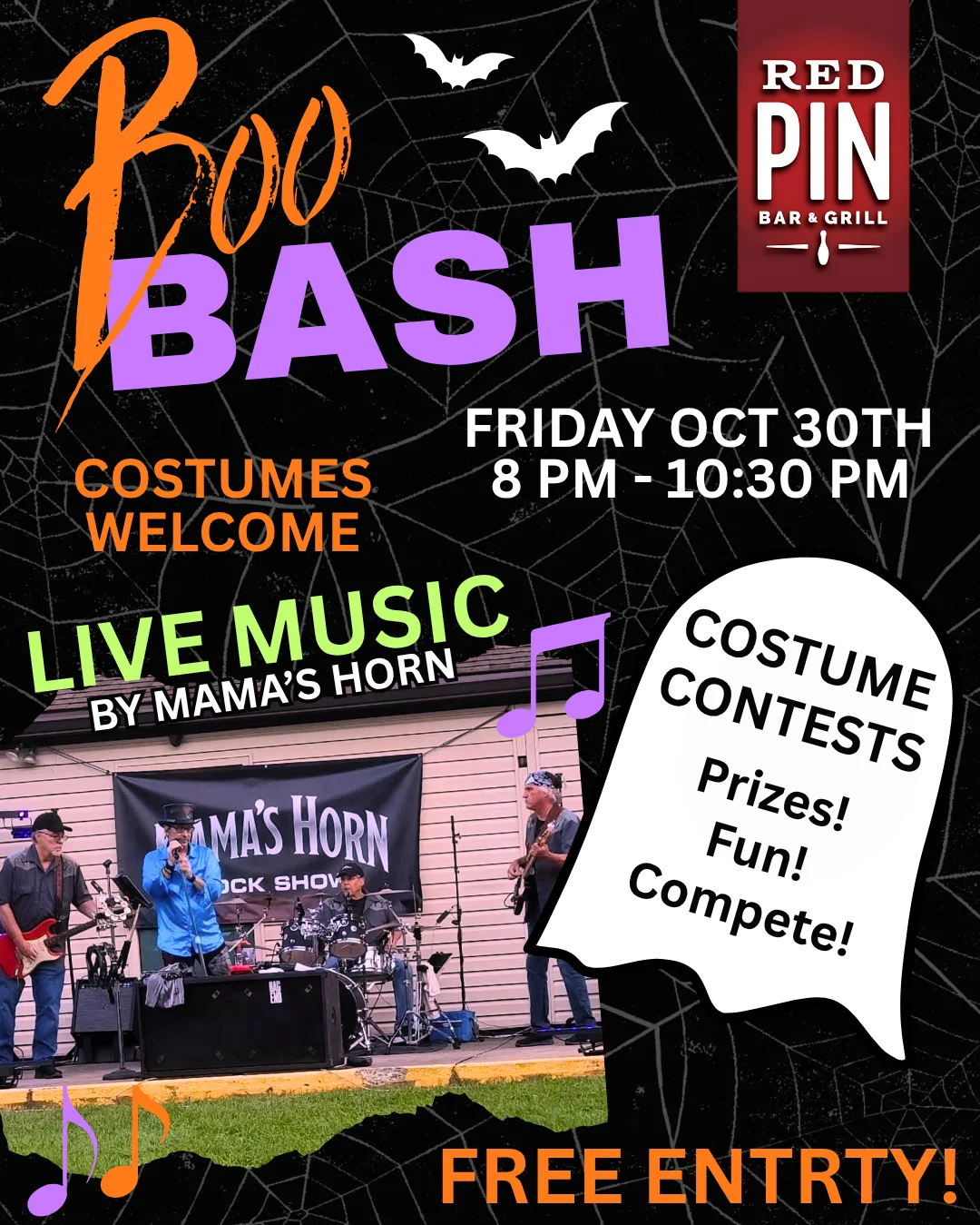Halloween bar event poster with live band photo, costume contest, and Red Pin Bar & Grill branding