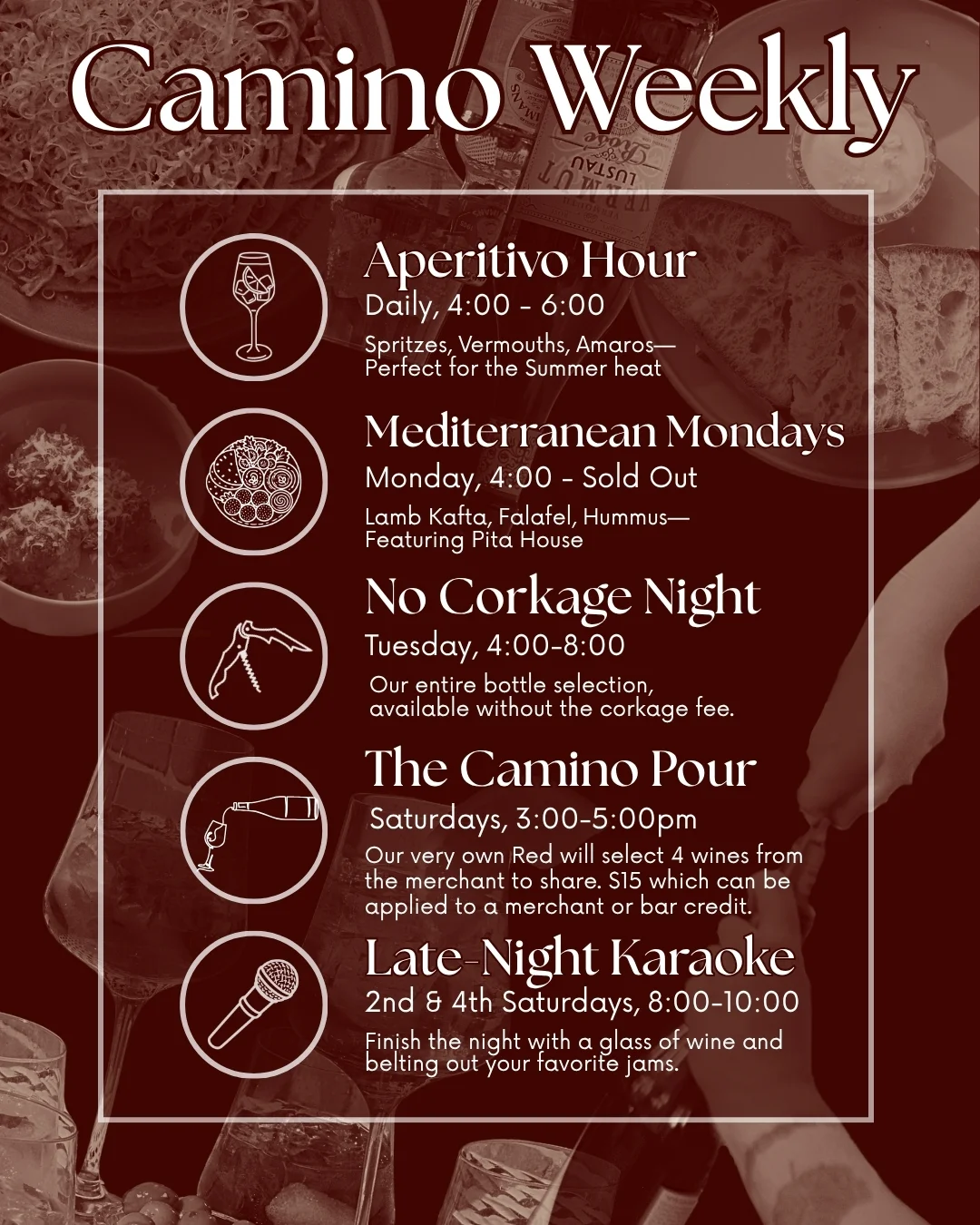 Camino Weekly restaurant events poster with aperitivo and Mediterranean dining promotions