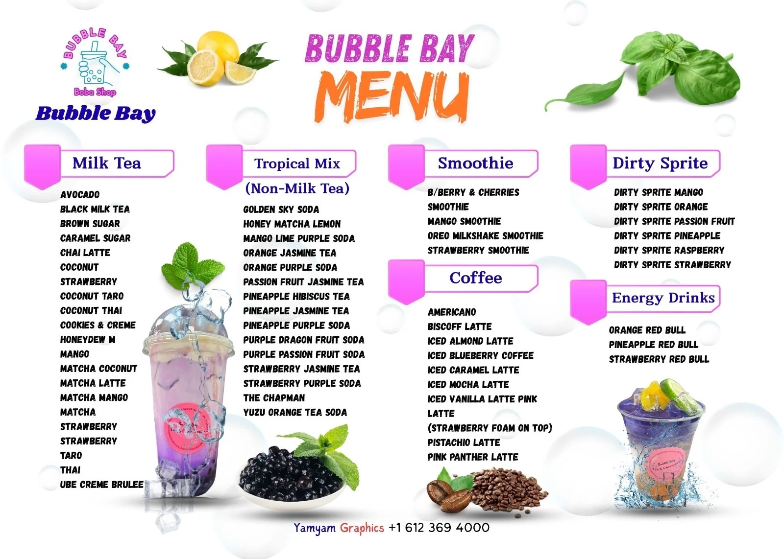 Colorful bubble tea menu featuring various drinks and smoothies