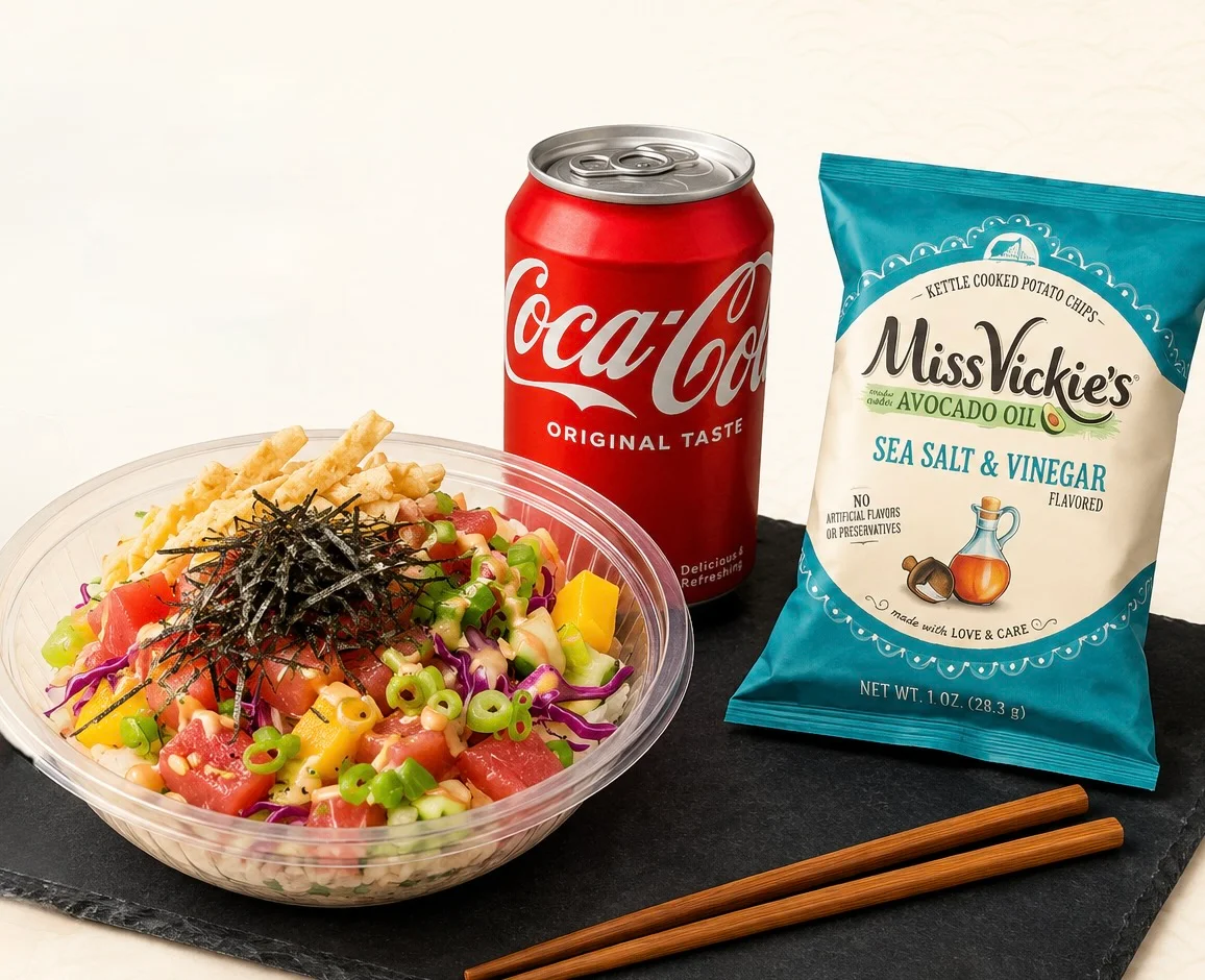 Colorful poke bowl with fresh ingredients and a can of soda