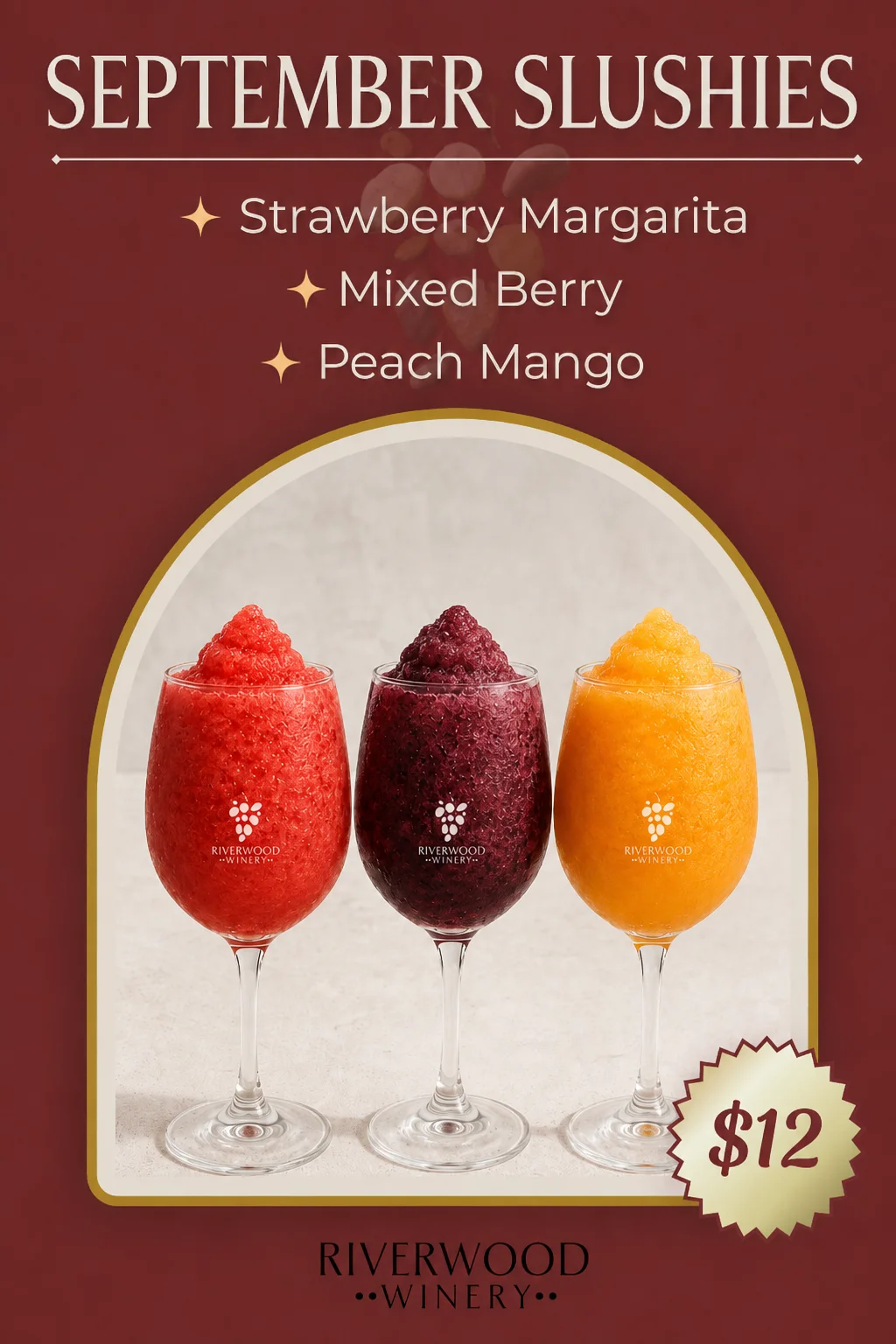 Colorful slushies in elegant glasses at a winery