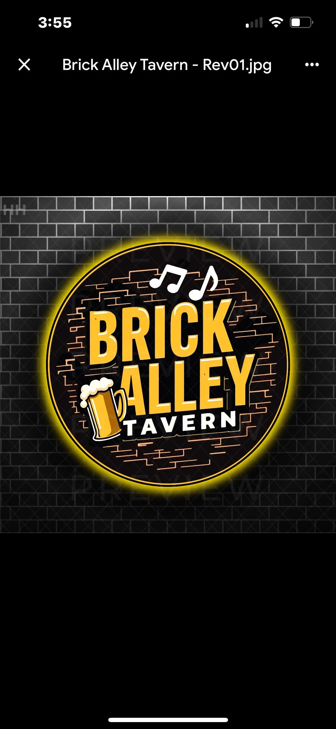 Logo of Brick Alley Tavern with beer and music notes