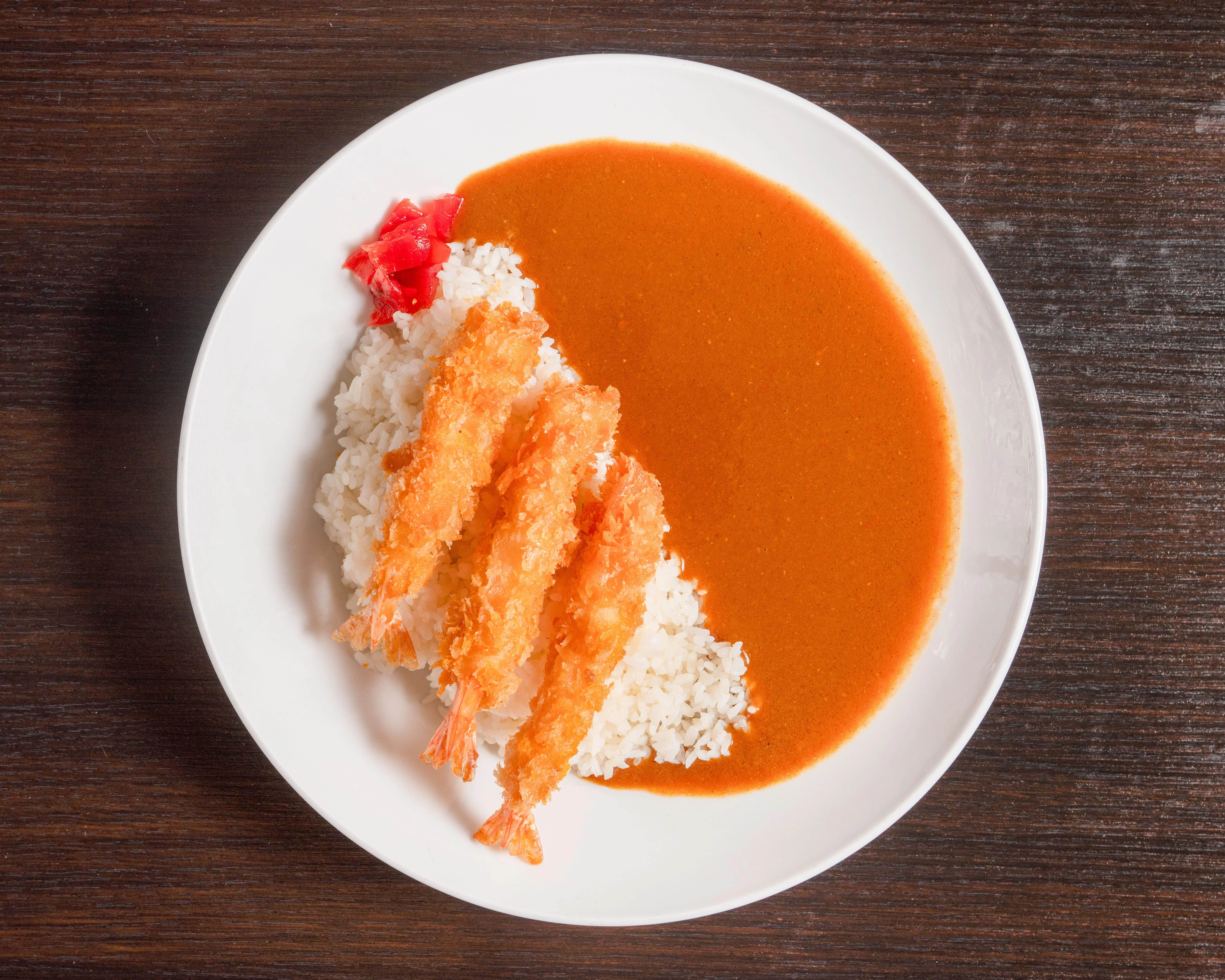 Japanese katsu curry with rice and crispy shrimp