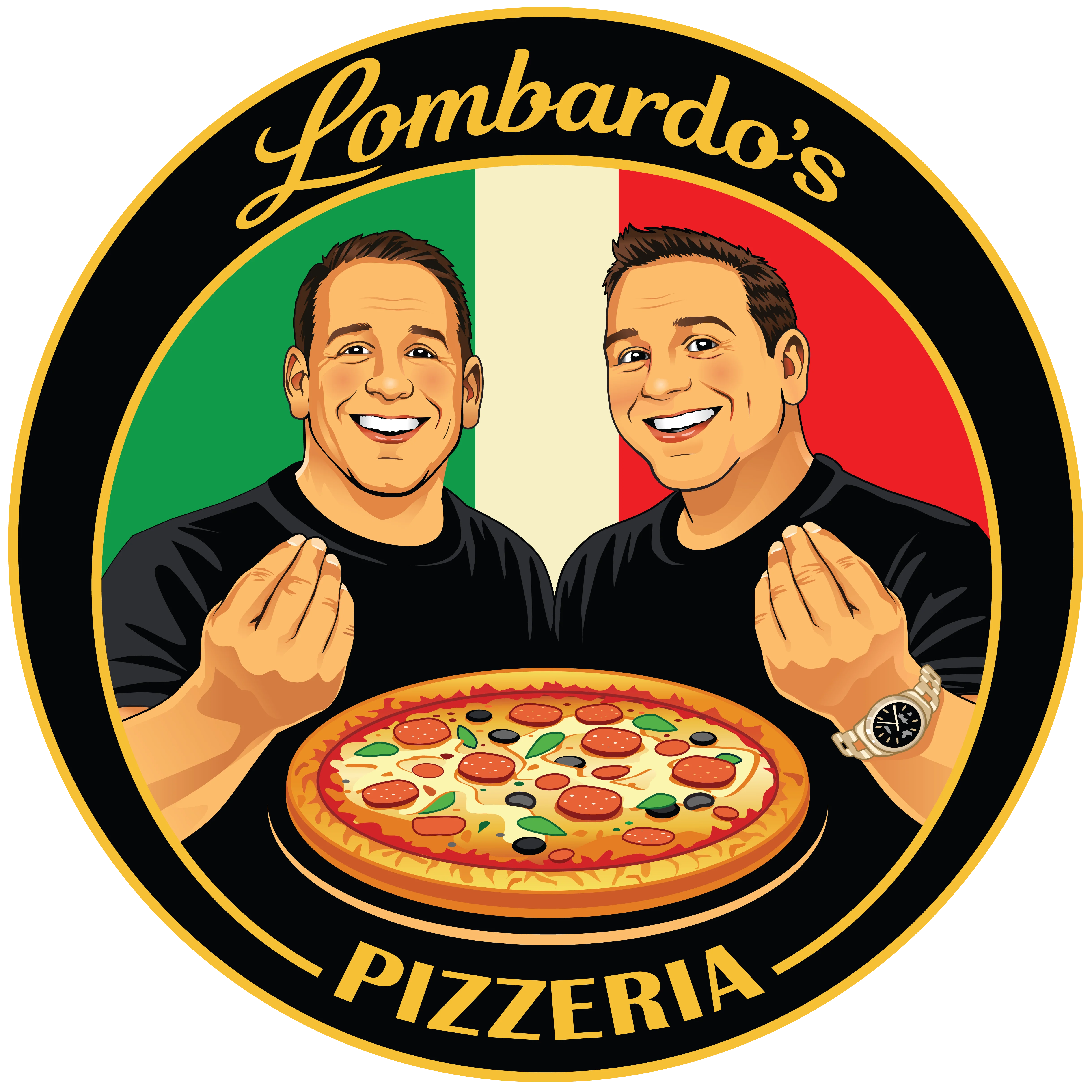 Lombardo's Pizzeria logo featuring a stylized pizza design.