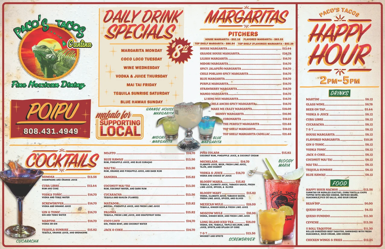 Menu of a Mexican restaurant featuring cocktails and margaritas