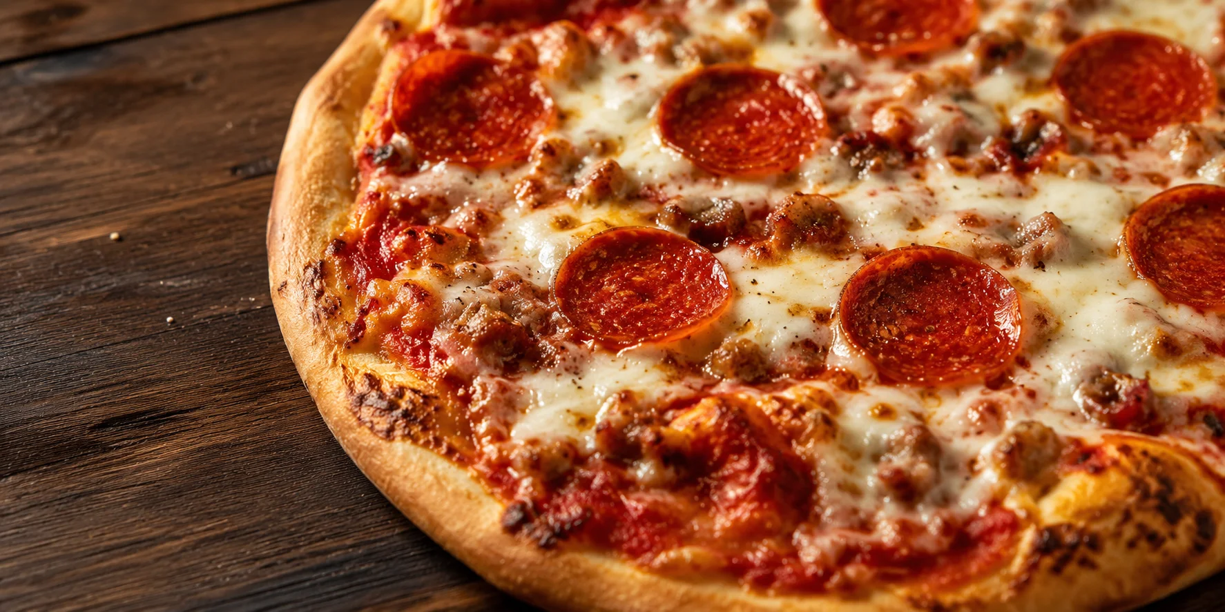 Close-up of a pepperoni and sausage pizza on a wooden table.