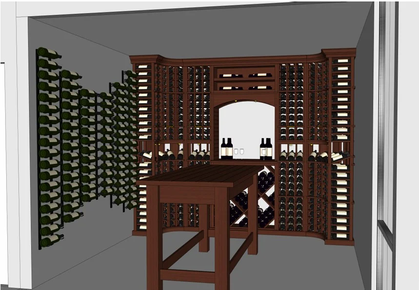 Elegant wine cellar design with wooden racks and tasting table