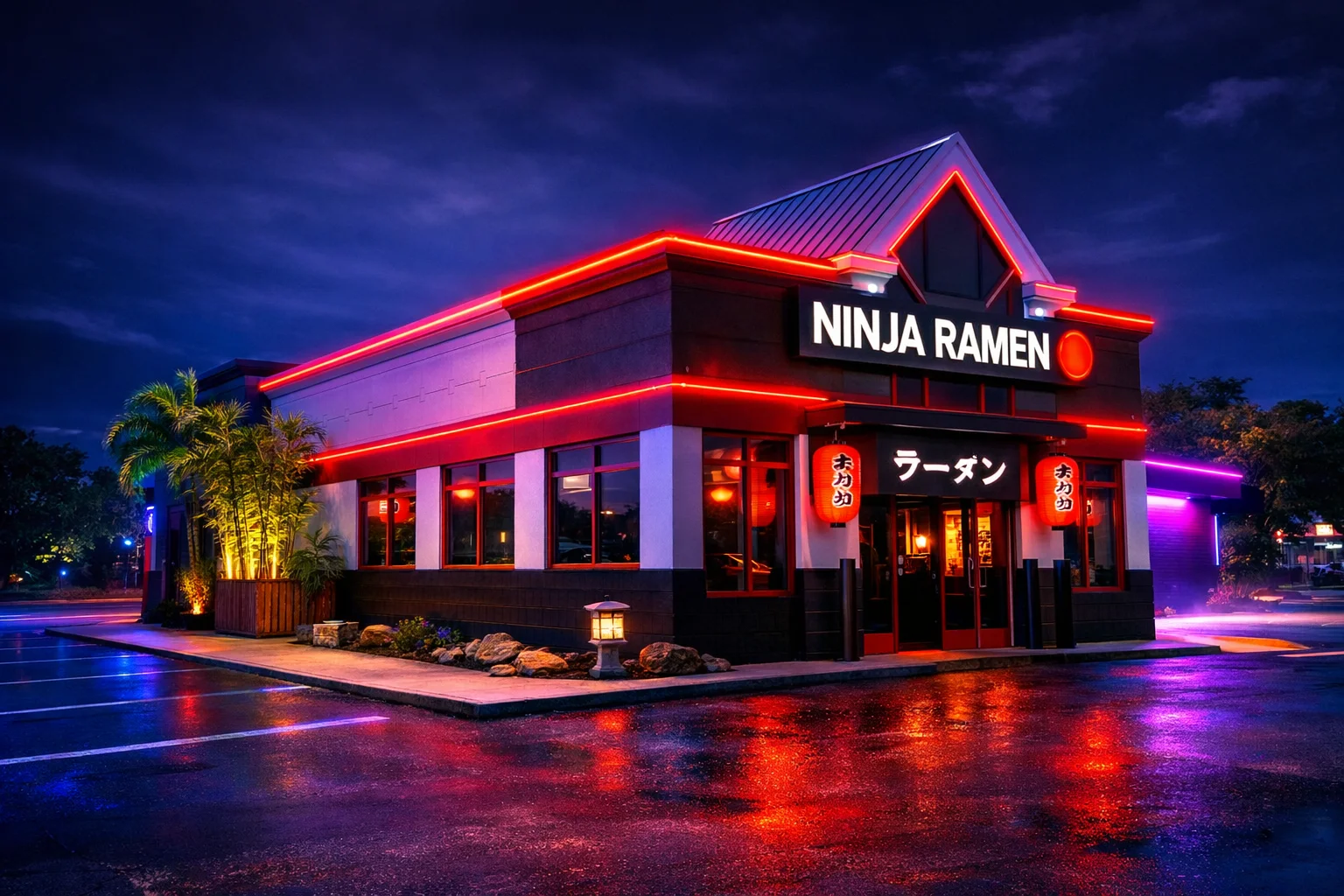 An illuminated restaurant exterior showcasing a contemporary design with neon lights, featuring the name 'Ninja Ramen' prominently displayed.