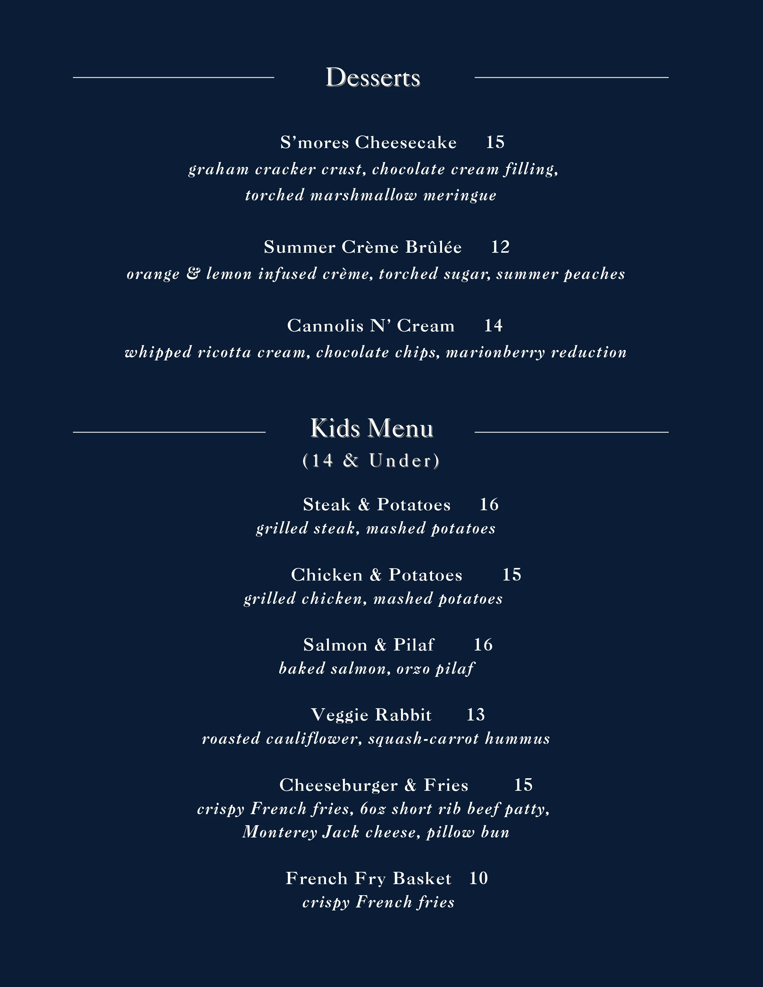 Dessert menu featuring S'mores Cheesecake and Summer Crème Brûlée