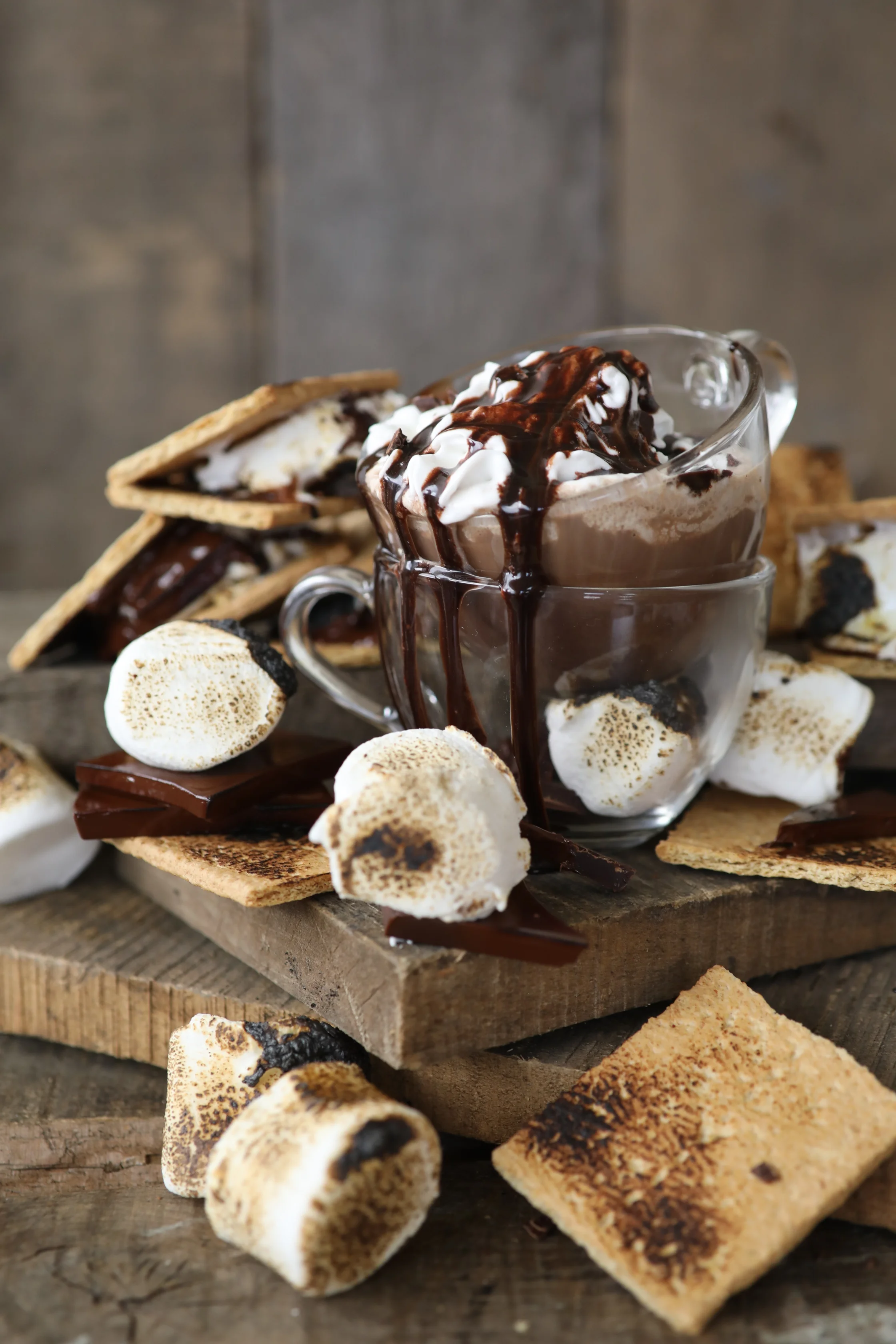 A mug of hot chocolate topped with whipped cream and drizzled with chocolate syrup sits surrounded by toasted marshmallows and s’mores on a rustic wooden board.